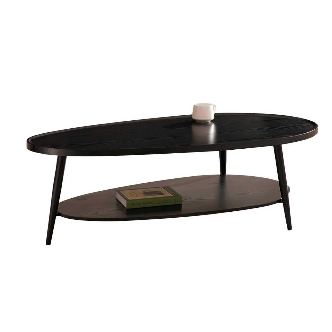 Shrine Oval Coffee Table, Mid-Century Modern Coffee Table, Brown Walnut Wood Table for Living Room, D47''x W23.6''x H15'', Sleek Conical Metal Legs with Black Finish