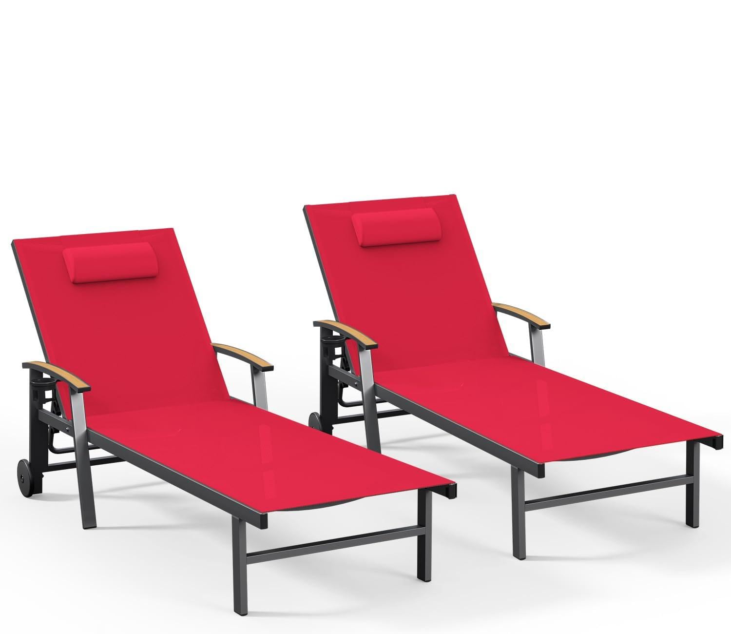 Ciokea Outdoor Lounge Chair with Pillow, 5-Position Aluminum Chaise Lounge with Wheels & Armrests, 400 lbs Heavy Duty Patio Pool Chair for Deck, Backyard, Beach & Poolside, Grey