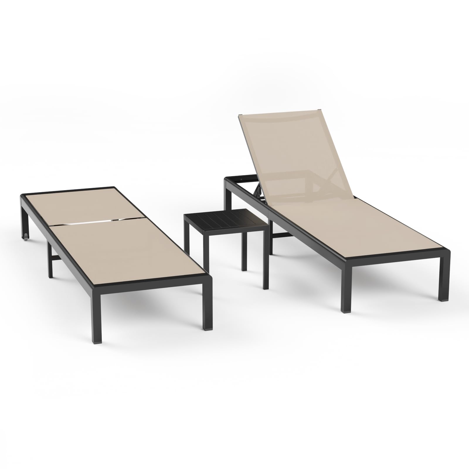 Aluminum Lounge Chairs Outdoor Chaise Furniture,2 Sets Patio Metal Deck Lounger Adjustable 5-Position Poolside Chase Recliner with Wheels for Beach,Coffee Table, (Black, 1 Chair)