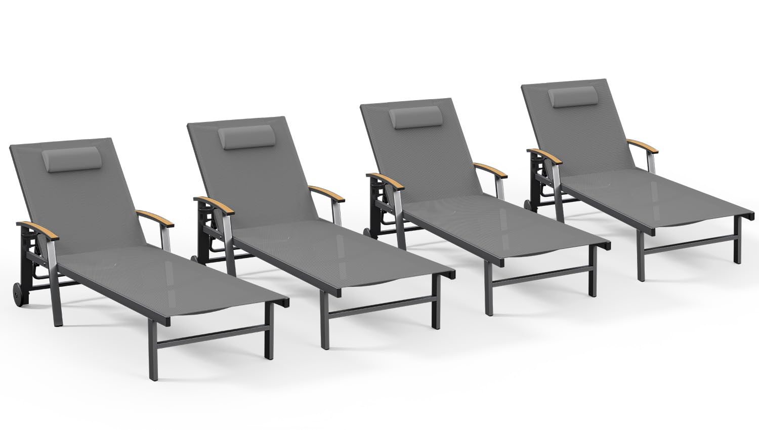 Ciokea Outdoor Lounge Chair with Pillow, 5-Position Aluminum Chaise Lounge with Wheels & Armrests, 400 lbs Heavy Duty Patio Pool Chair for Deck, Backyard, Beach & Poolside, Grey