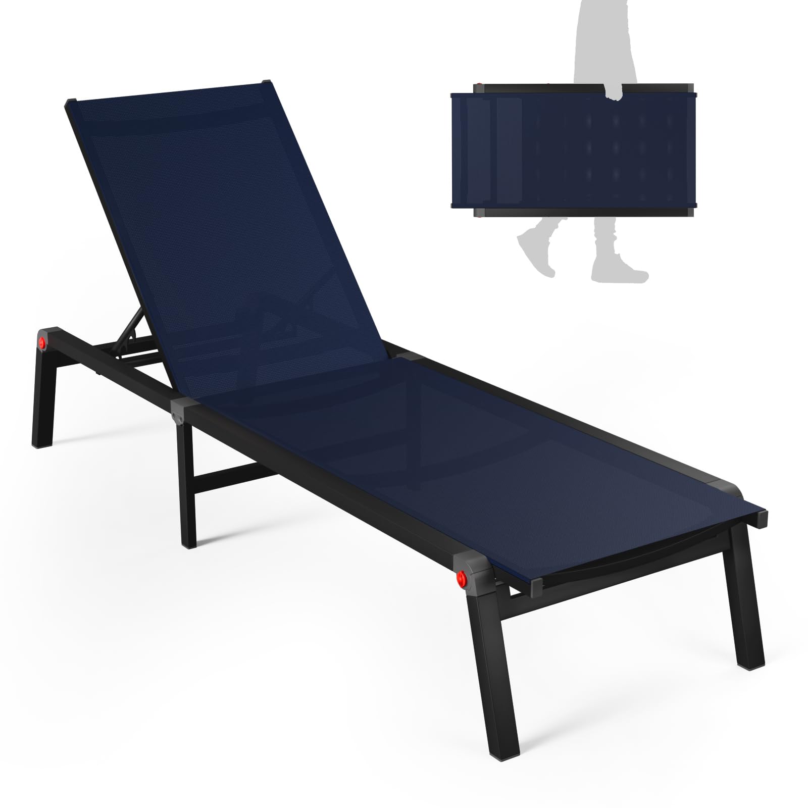 Aluminum Chaise Foldable Patio Lounge Chair Outdoor, Metal Deck Lounger Adjustable 5-Position Recliner Pool Chase Breathable Full Flat Outside Sun Tanning Chairs for Beach/Poolside/Lawn(Grey, 1 Pack)
