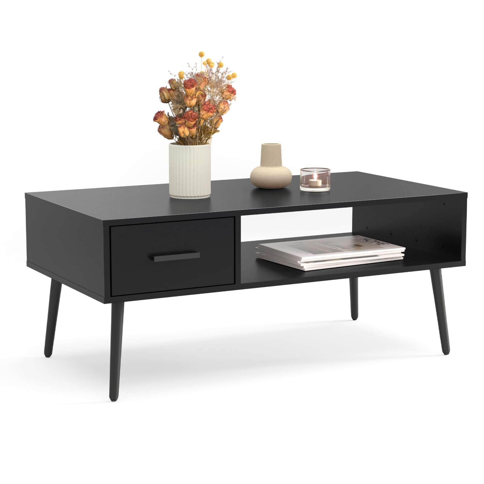 HAIOOU Coffee Table, Mid Century Modern Center Table for Living Room with Storage, Walnut Tea Table with Drawer, Open Storage Shelf, Floor-Anti-Scratching Pine Leg for Home, Office(Dark Brown) | Center Table, Living Room, Storage, Tea Table, Drawer, Open
