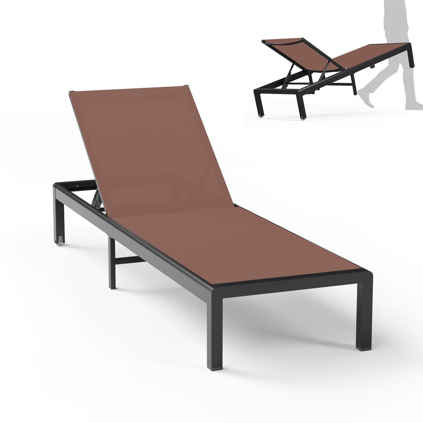 Aluminum Lounge Chairs Outdoor Chaise Furniture,2 Sets Patio Metal Deck Lounger Adjustable 5-Position Poolside Chase Recliner with Wheels for Beach,Coffee Table, (Black, 1 Chair)