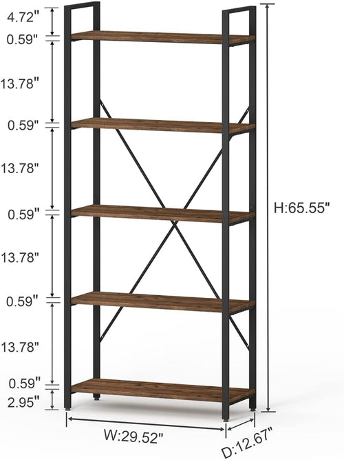 BON AUGURE Industrial Bookshelf, Etagere Bookcases and Book Shelves 5 Tier, Rustic Wood and Metal Shelving Unit (Rustic Oak)