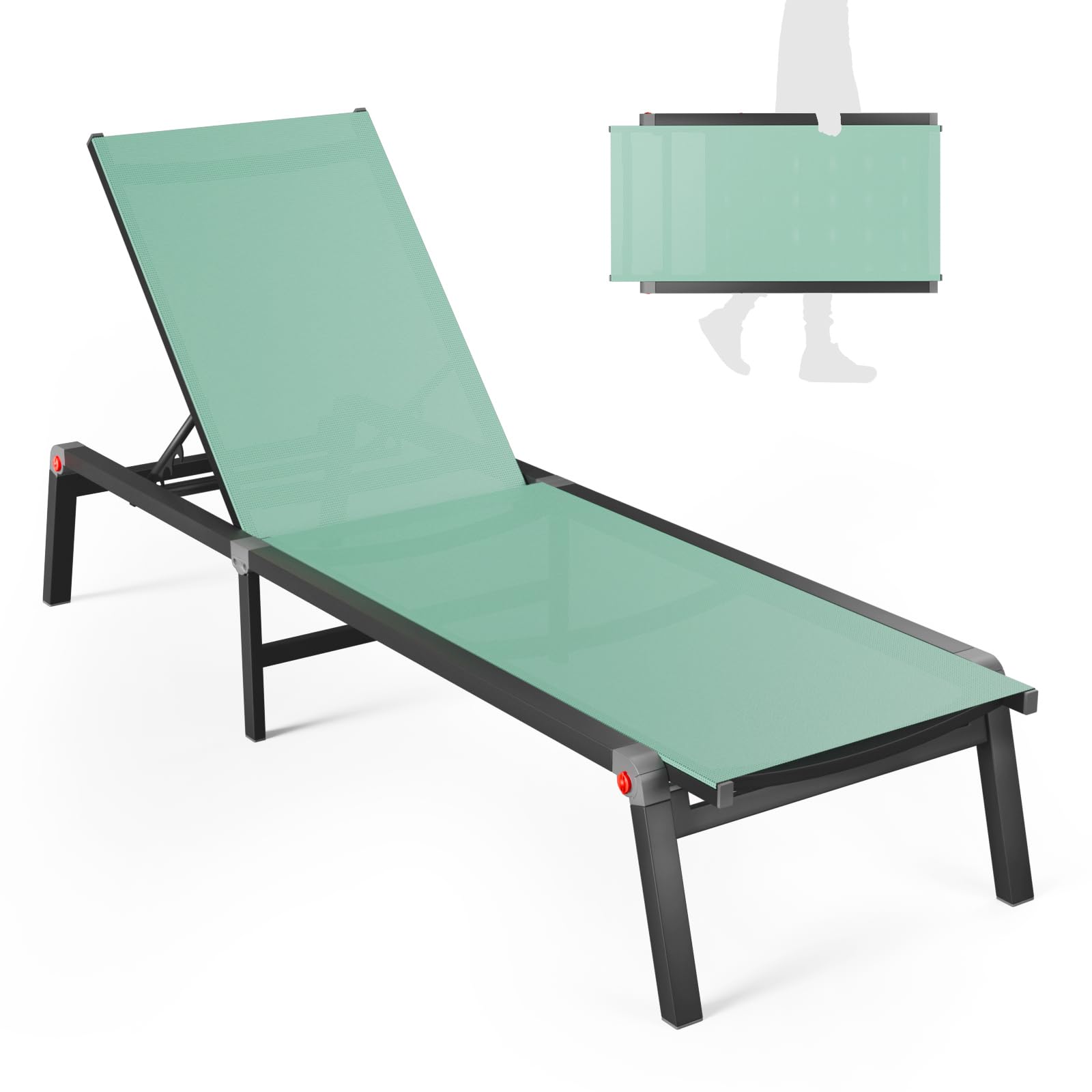 Aluminum Chaise Foldable Patio Lounge Chair Outdoor, Metal Deck Lounger Adjustable 5-Position Recliner Pool Chase Breathable Full Flat Outside Sun Tanning Chairs for Beach/Poolside/Lawn(Grey, 1 Pack)