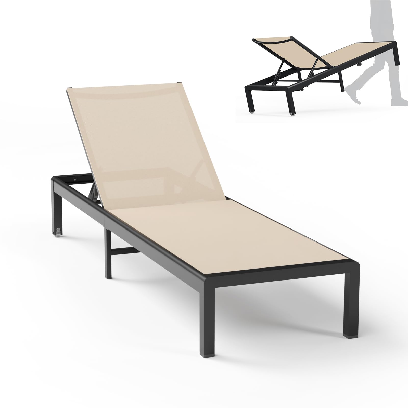 Aluminum Lounge Chairs Outdoor Chaise Furniture,2 Sets Patio Metal Deck Lounger Adjustable 5-Position Poolside Chase Recliner with Wheels for Beach,Coffee Table, (Black, 1 Chair)