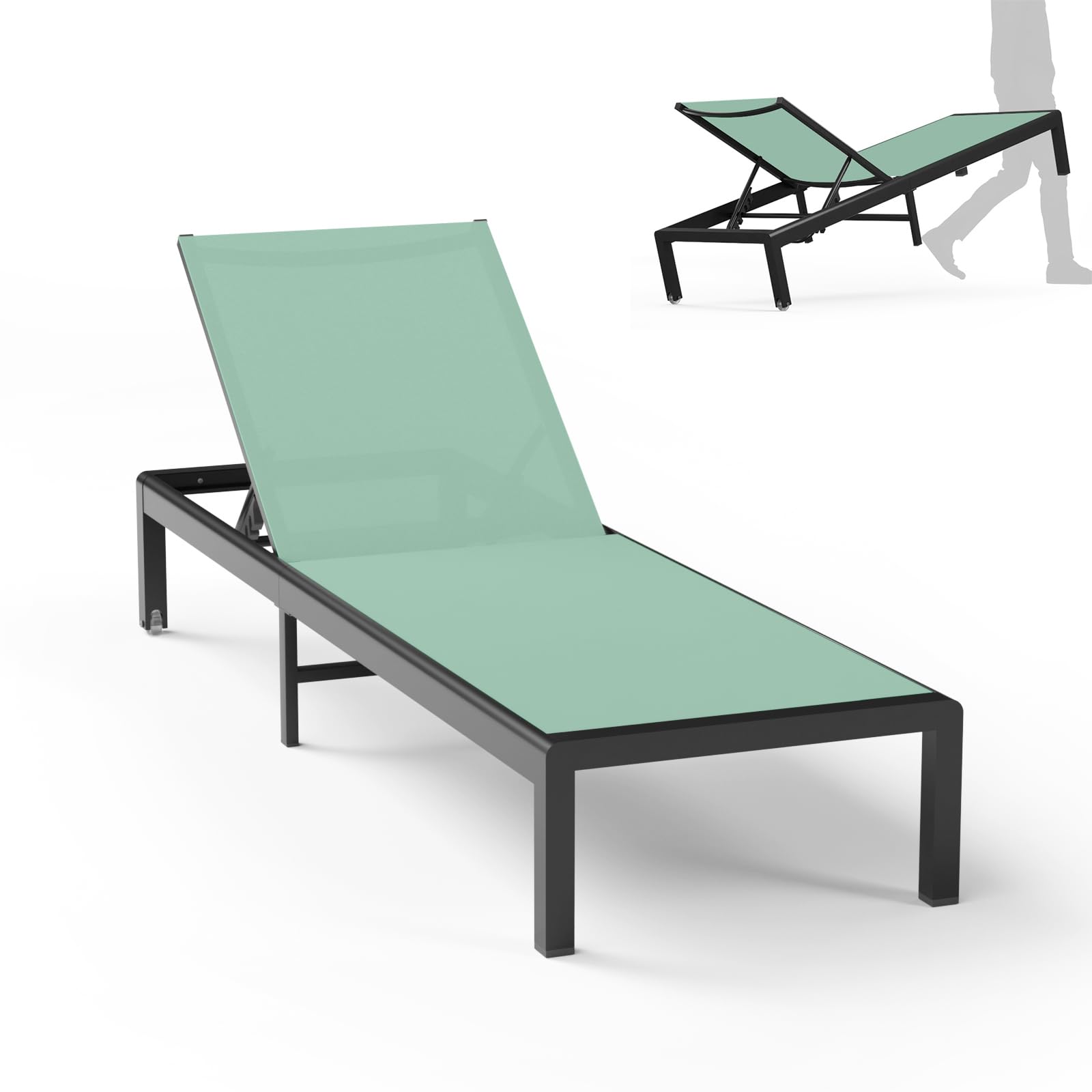 Aluminum Lounge Chairs Outdoor Chaise Furniture,2 Sets Patio Metal Deck Lounger Adjustable 5-Position Poolside Chase Recliner with Wheels for Beach,Coffee Table, (Black, 1 Chair)