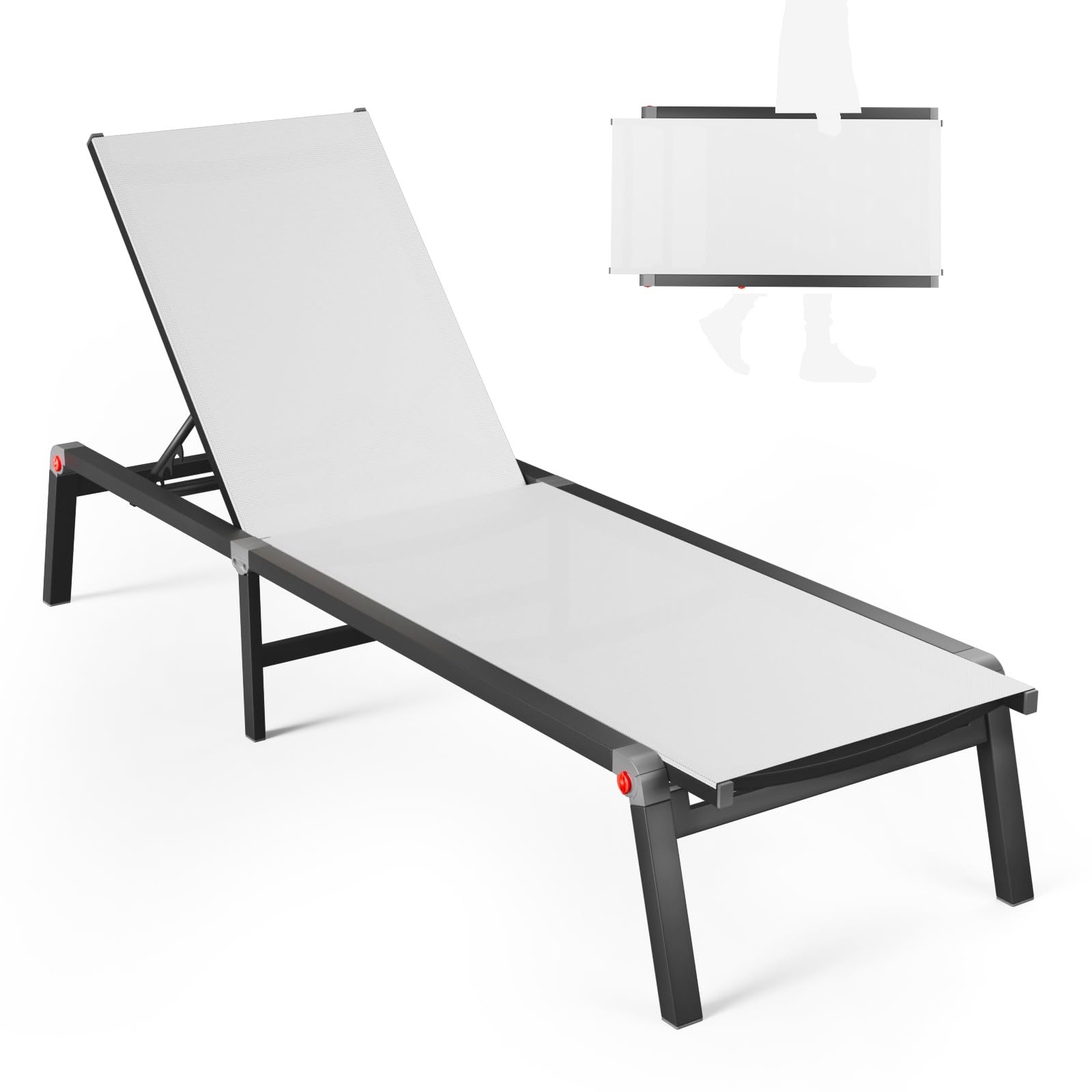 Aluminum Chaise Foldable Patio Lounge Chair Outdoor, Metal Deck Lounger Adjustable 5-Position Recliner Pool Chase Breathable Full Flat Outside Sun Tanning Chairs for Beach/Poolside/Lawn(Grey, 1 Pack)