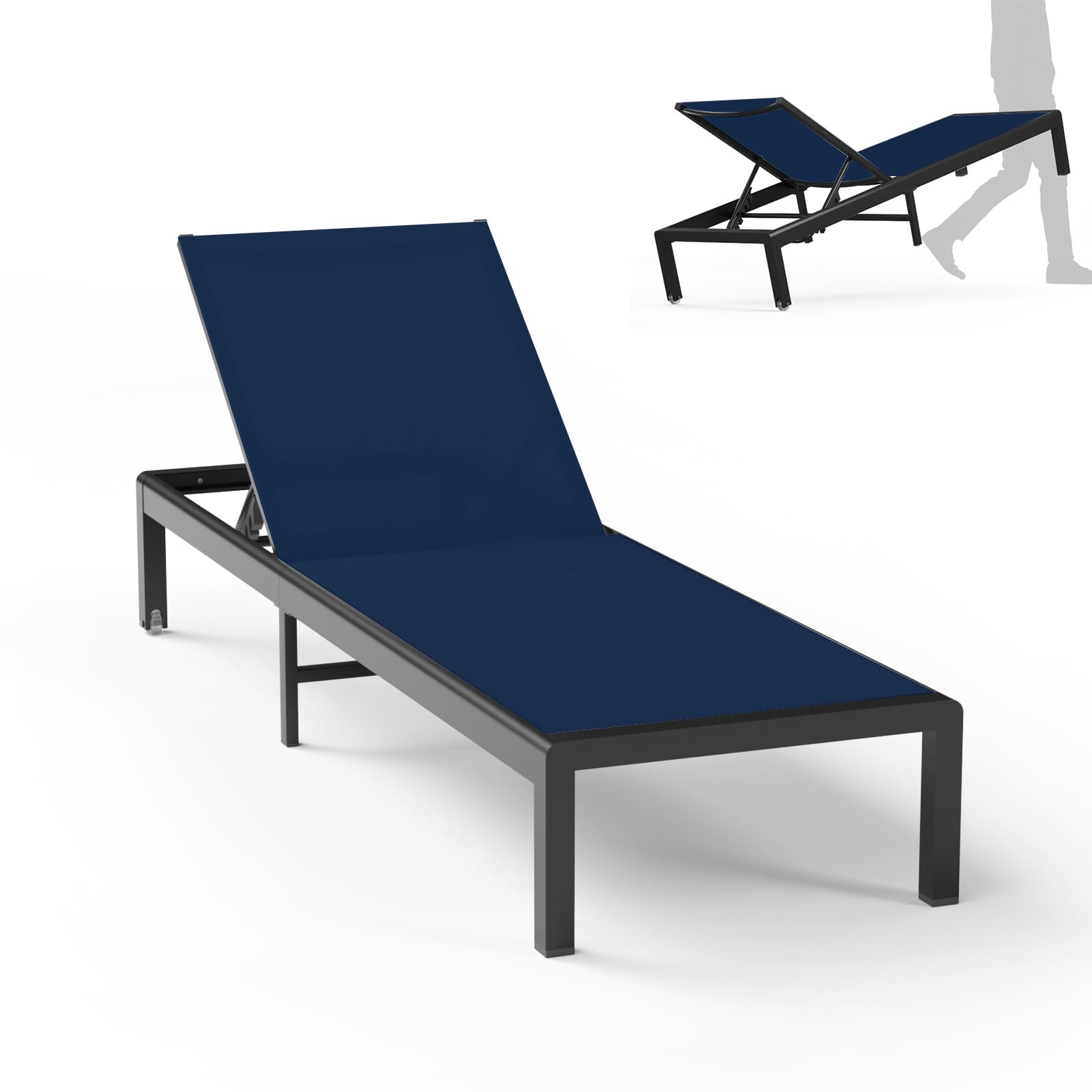 Aluminum Lounge Chairs Outdoor Chaise Furniture,2 Sets Patio Metal Deck Lounger Adjustable 5-Position Poolside Chase Recliner with Wheels for Beach,Coffee Table, (Black, 1 Chair)