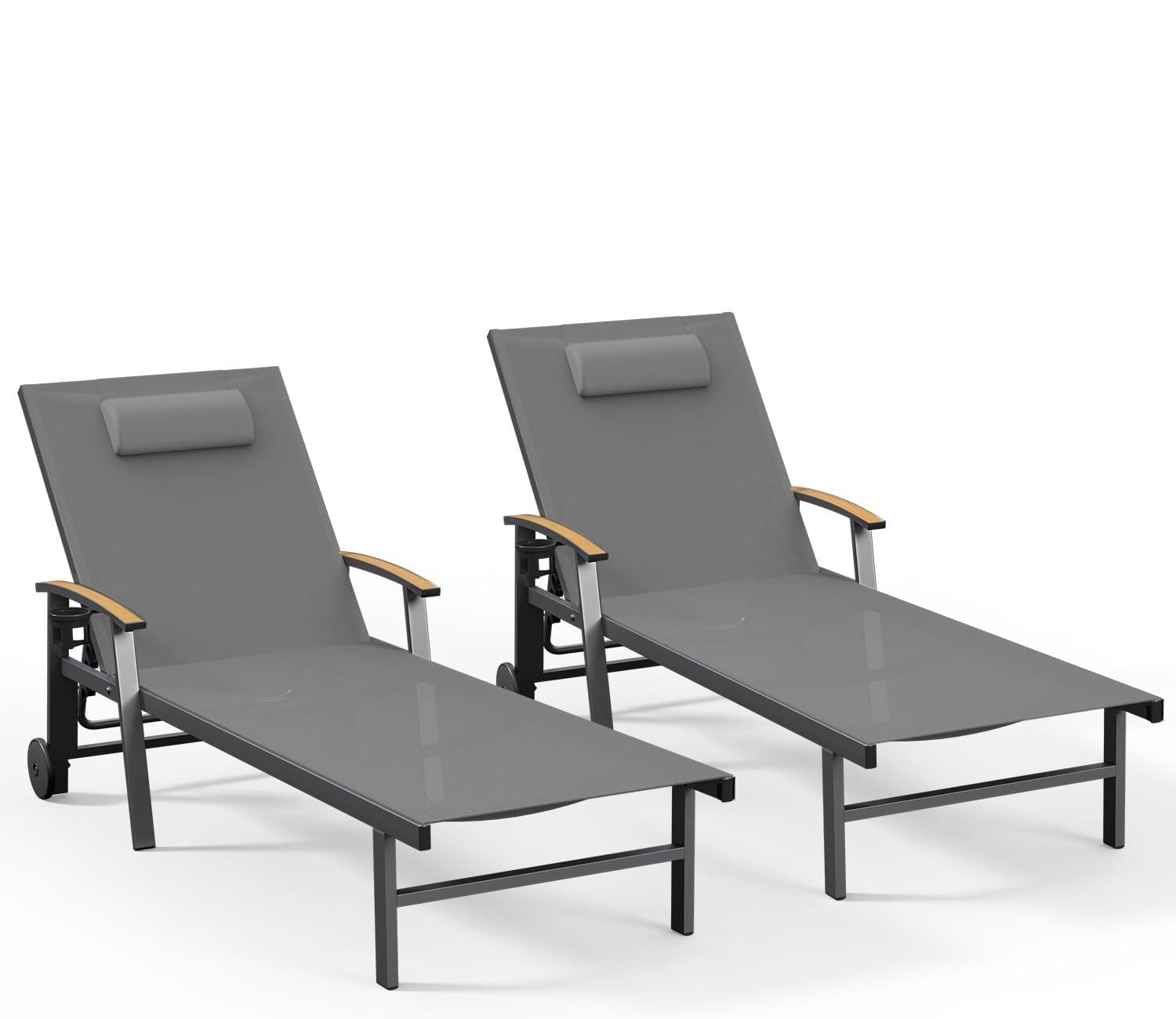 Ciokea Outdoor Lounge Chair with Pillow, 5-Position Aluminum Chaise Lounge with Wheels & Armrests, 400 lbs Heavy Duty Patio Pool Chair for Deck, Backyard, Beach & Poolside, Grey