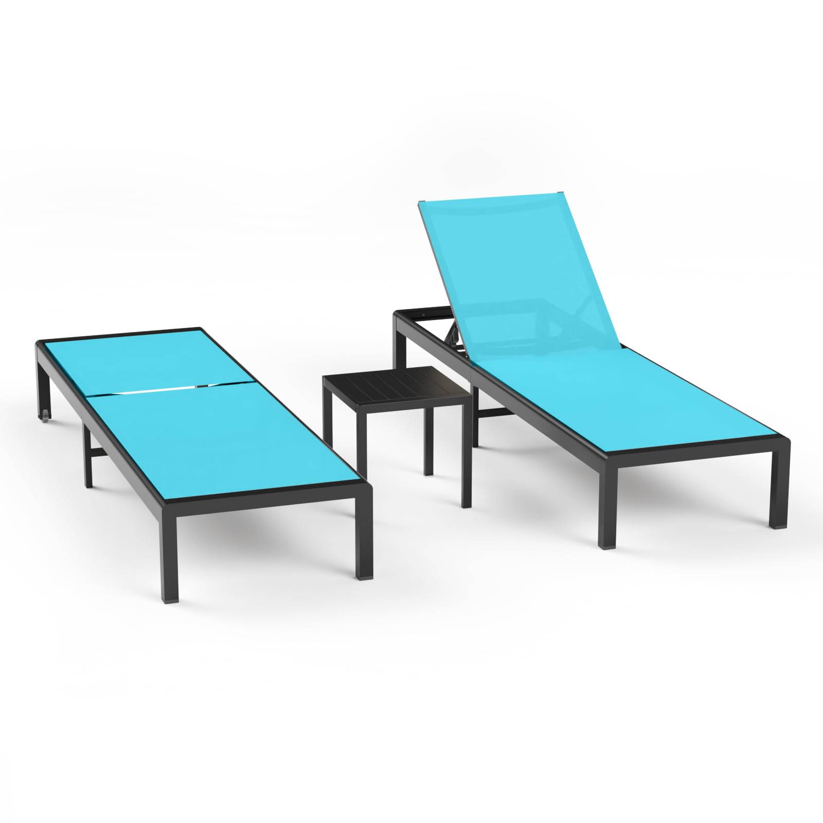 Aluminum Lounge Chairs Outdoor Chaise Furniture,2 Sets Patio Metal Deck Lounger Adjustable 5-Position Poolside Chase Recliner with Wheels for Beach,Coffee Table, (Black, 1 Chair)
