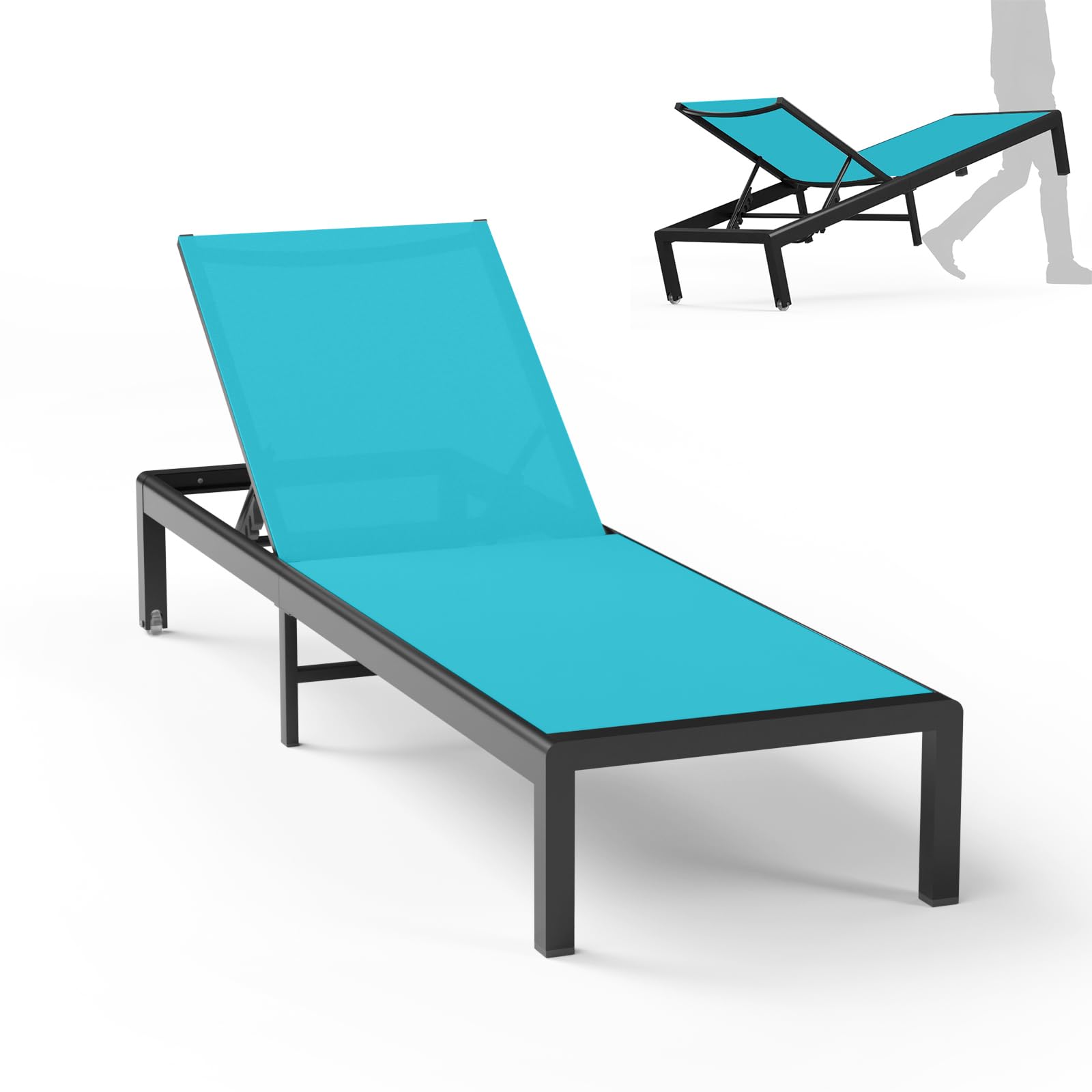 Aluminum Lounge Chairs Outdoor Chaise Furniture,2 Sets Patio Metal Deck Lounger Adjustable 5-Position Poolside Chase Recliner with Wheels for Beach,Coffee Table, (Black, 1 Chair)