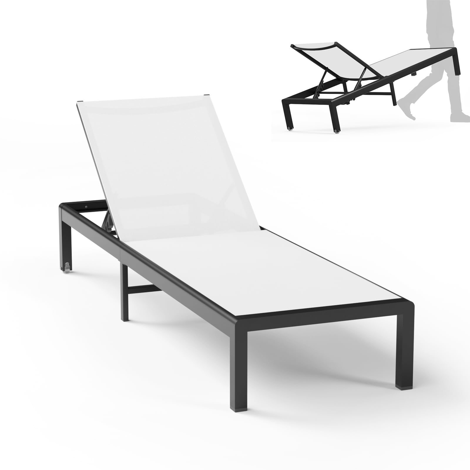Aluminum Lounge Chairs Outdoor Chaise Furniture,2 Sets Patio Metal Deck Lounger Adjustable 5-Position Poolside Chase Recliner with Wheels for Beach,Coffee Table, (Black, 1 Chair)