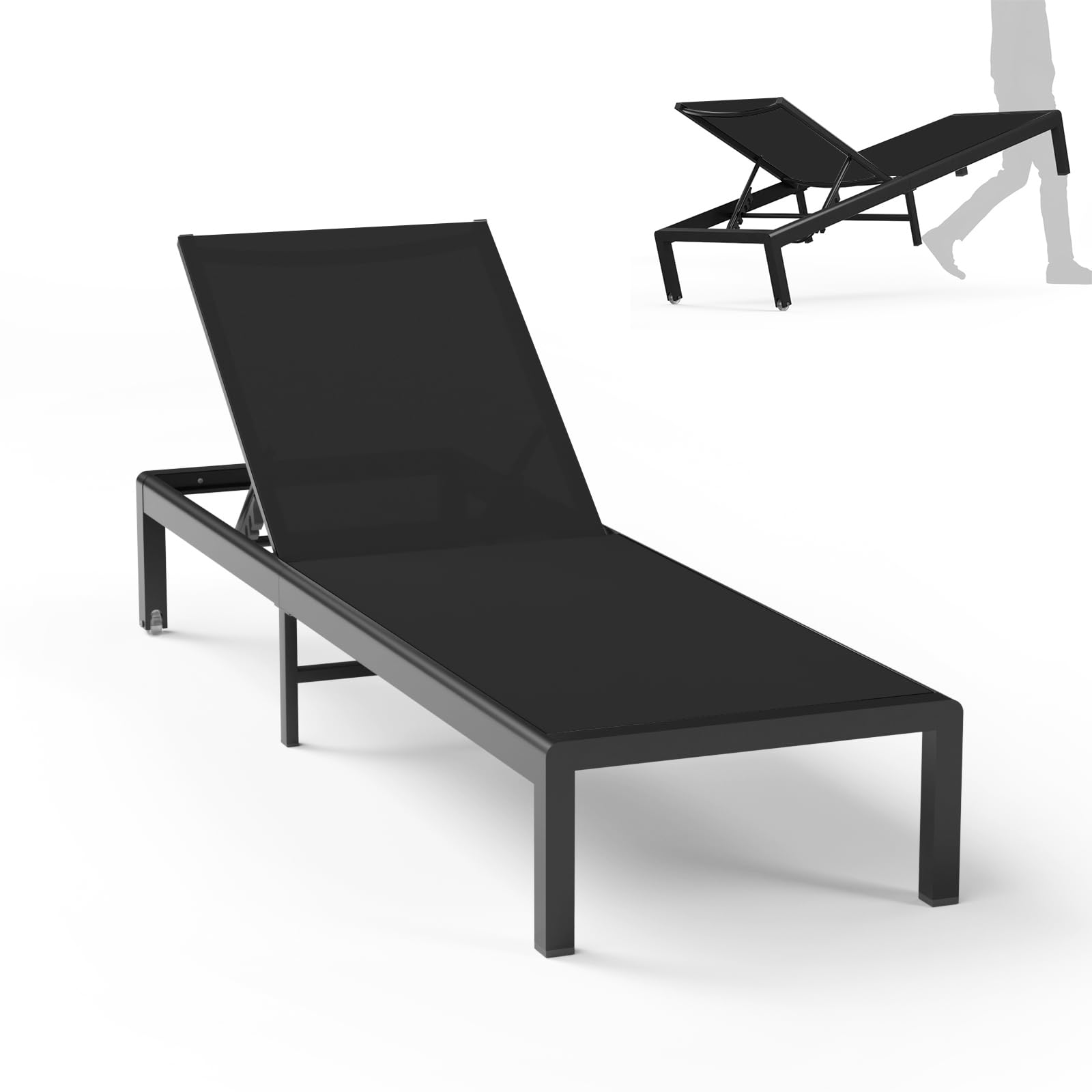 Aluminum Lounge Chairs Outdoor Chaise Furniture,2 Sets Patio Metal Deck Lounger Adjustable 5-Position Poolside Chase Recliner with Wheels for Beach,Coffee Table, (Black, 1 Chair)