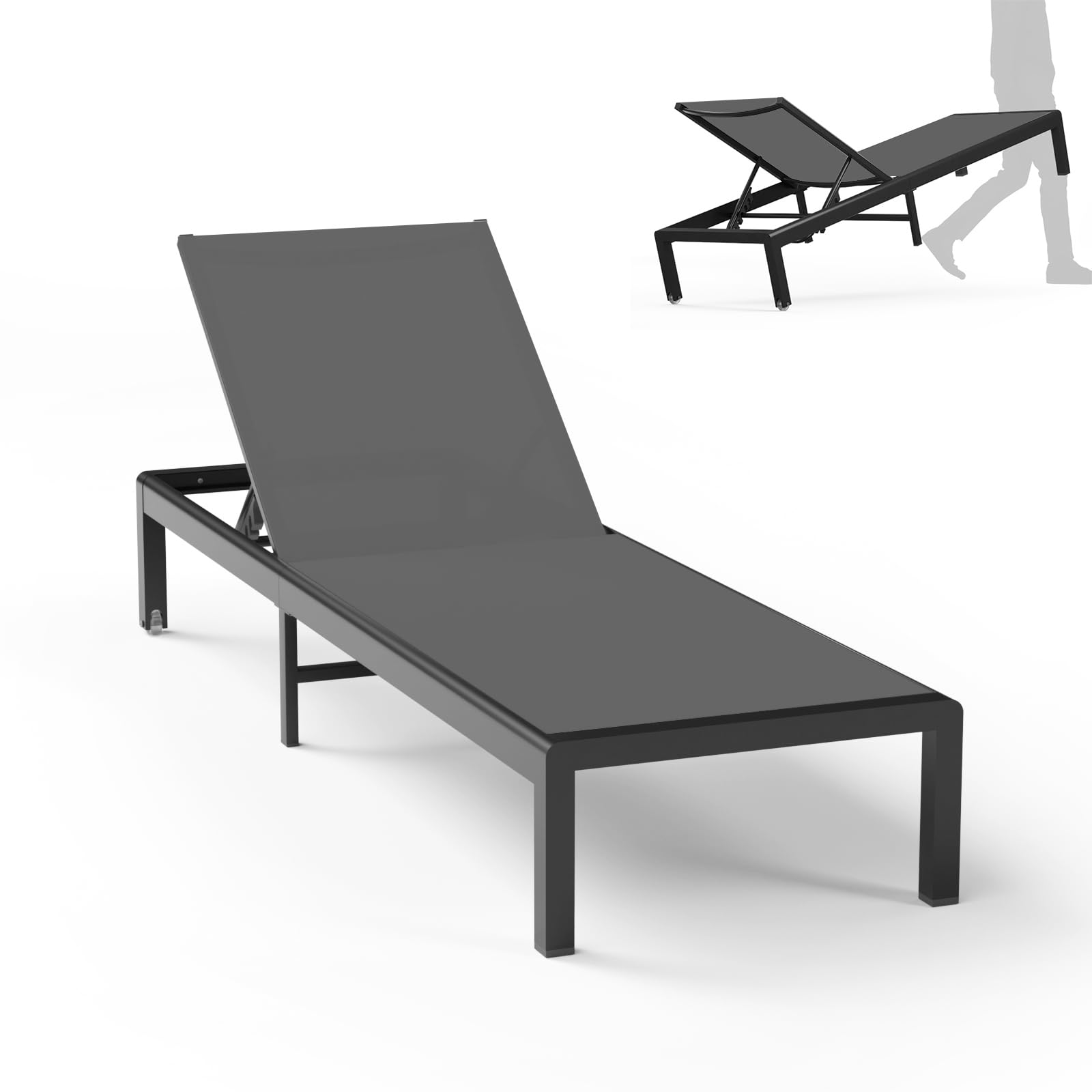 Aluminum Lounge Chairs Outdoor Chaise Furniture,2 Sets Patio Metal Deck Lounger Adjustable 5-Position Poolside Chase Recliner with Wheels for Beach,Coffee Table, (Black, 1 Chair)