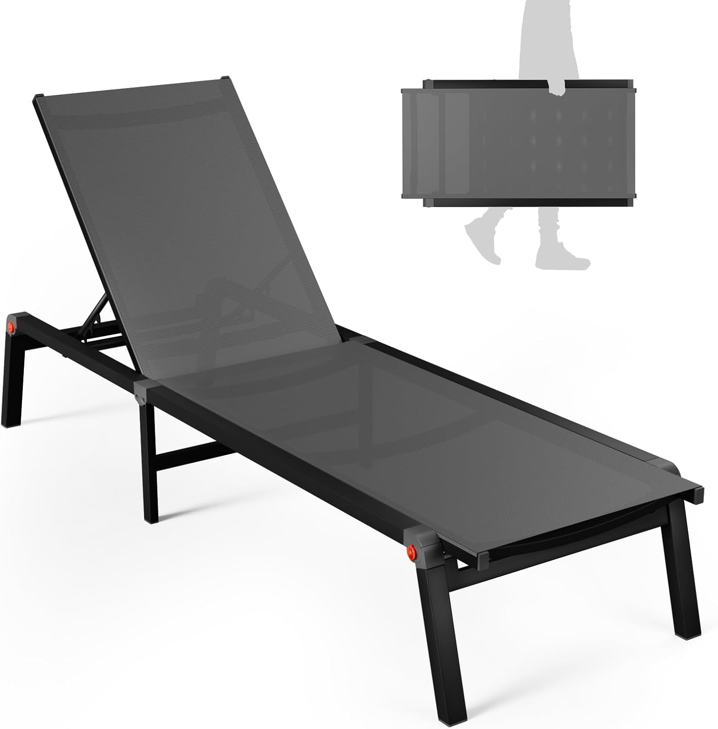 Aluminum Chaise Foldable Patio Lounge Chair Outdoor, Metal Deck Lounger Adjustable 5-Position Recliner Pool Chase Breathable Full Flat Outside Sun Tanning Chairs for Beach/Poolside/Lawn(Grey, 1 Pack)