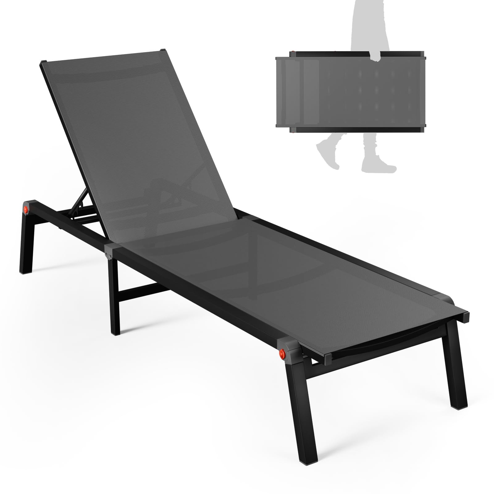 Aluminum Chaise Foldable Patio Lounge Chair Outdoor, Metal Deck Lounger Adjustable 5-Position Recliner Pool Chase Breathable Full Flat Outside Sun Tanning Chairs for Beach/Poolside/Lawn(Grey, 1 Pack)