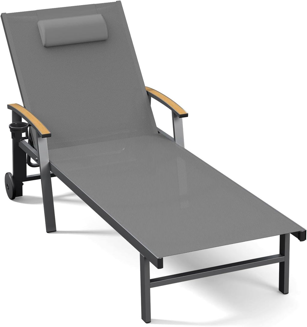 Ciokea Outdoor Lounge Chair with Pillow, 5-Position Aluminum Chaise Lounge with Wheels & Armrests, 400 lbs Heavy Duty Patio Pool Chair for Deck, Backyard, Beach & Poolside, Grey