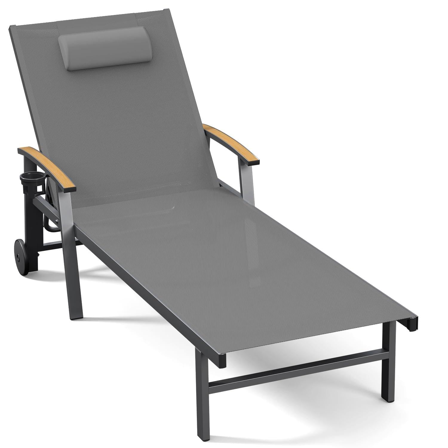 Ciokea Outdoor Lounge Chair with Pillow, 5-Position Aluminum Chaise Lounge with Wheels & Armrests, 400 lbs Heavy Duty Patio Pool Chair for Deck, Backyard, Beach & Poolside, Grey