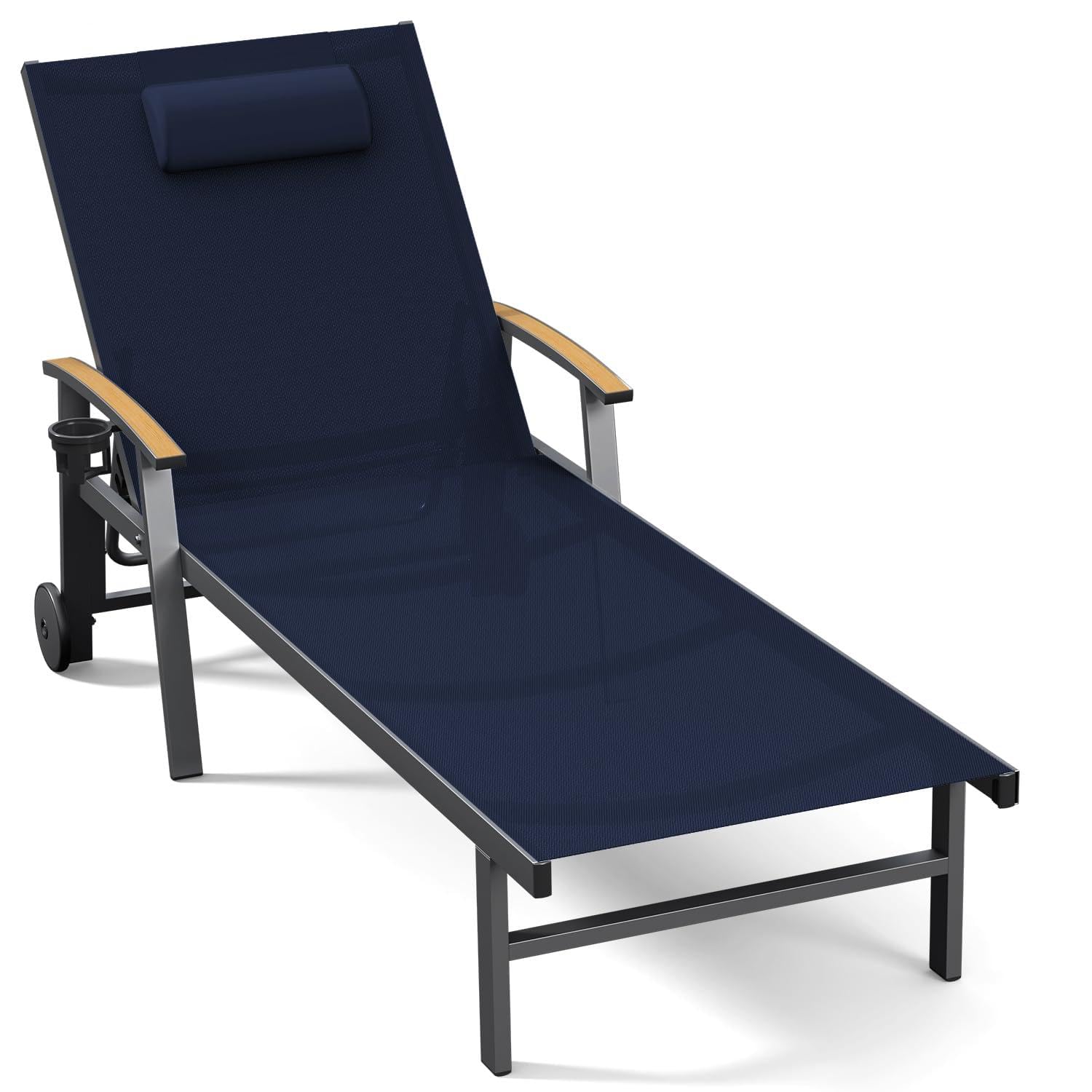 Ciokea Outdoor Lounge Chair with Pillow, 5-Position Aluminum Chaise Lounge with Wheels & Armrests, 400 lbs Heavy Duty Patio Pool Chair for Deck, Backyard, Beach & Poolside, Grey
