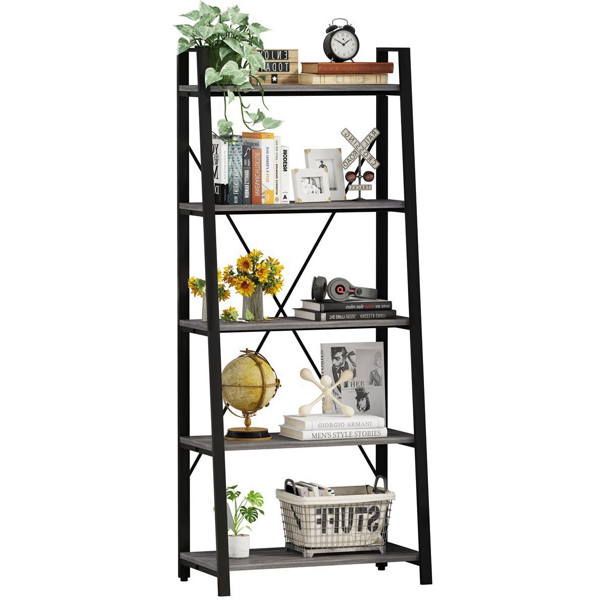 BON AUGURE Ladder Shelf Bookcase, 5-Tier Industrial Ladder Bookshelf, Tall Living Room Shelves, Wood and Metal Leaning Shelf for Home Office, Kitchen, Bedroom, Balcony (Rustic Oak)