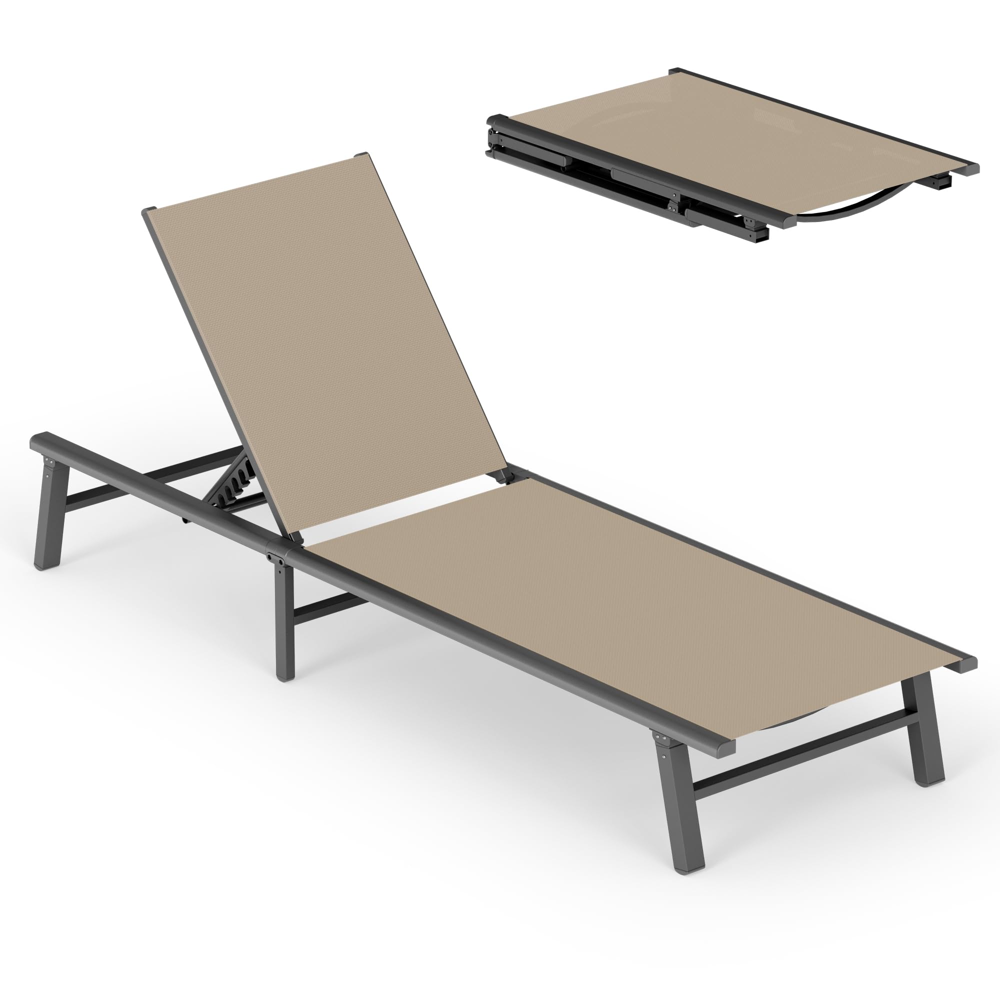 Aluminum Chaise Lounge Ourdoor - Foldable & Assemble Free Outdoor Lounge Chair with 5 Adjustable Backrest, Patio Lounge Chair for Outside Poolside Beach Pool, Khaki
