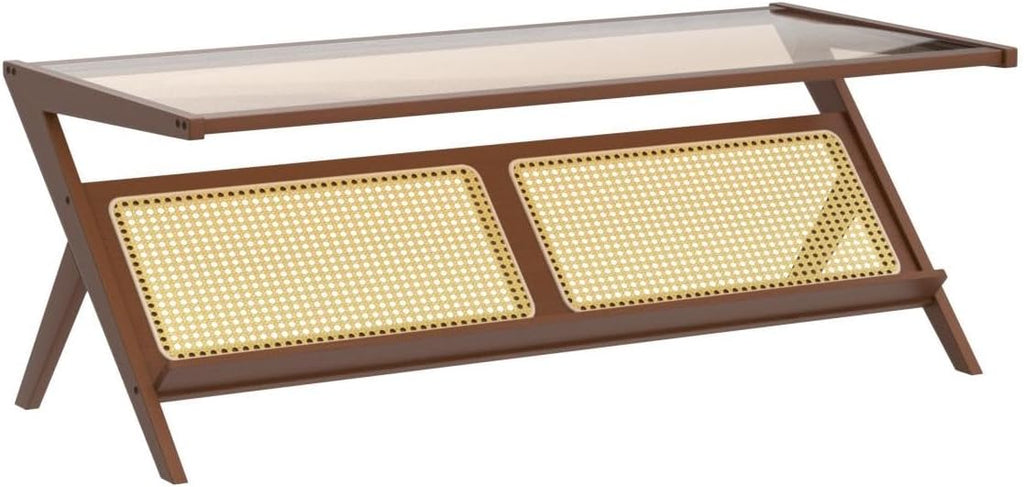 Bamworld Rattan Coffee Table with Glass Top Mid-Century Modern Center Table with Storage for Living Room Table Brown