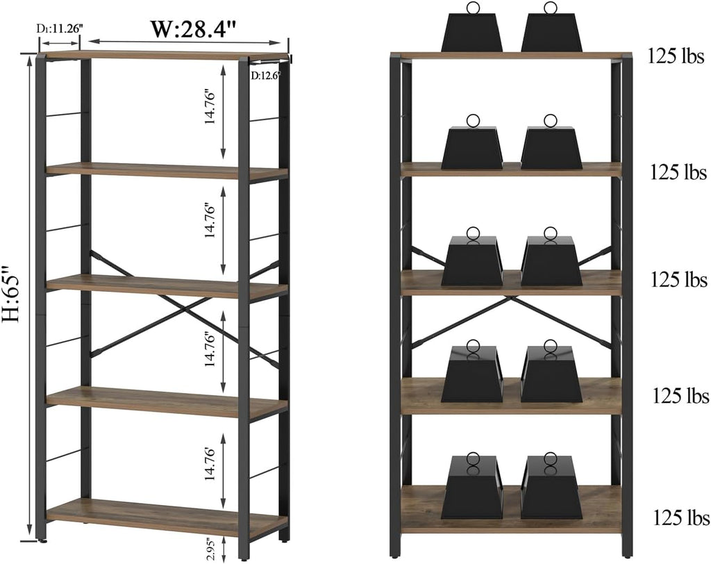 FOLUBAN 5 Tier Tall Bookshelf, Industrial Bookshelves and Bookcases, Modern Rustic Wood and Metal Book Shelf for Bedroom, Living Room and Home Office, Oak