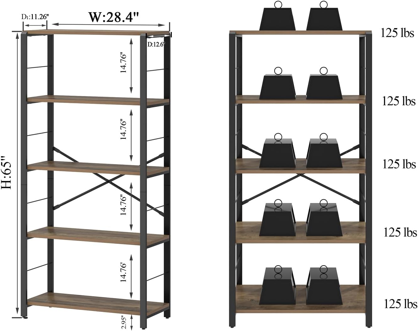 FOLUBAN 5 Tier Tall Bookshelf, Industrial Bookshelves and Bookcases, Modern Rustic Wood and Metal Book Shelf for Bedroom, Living Room and Home Office, Oak
