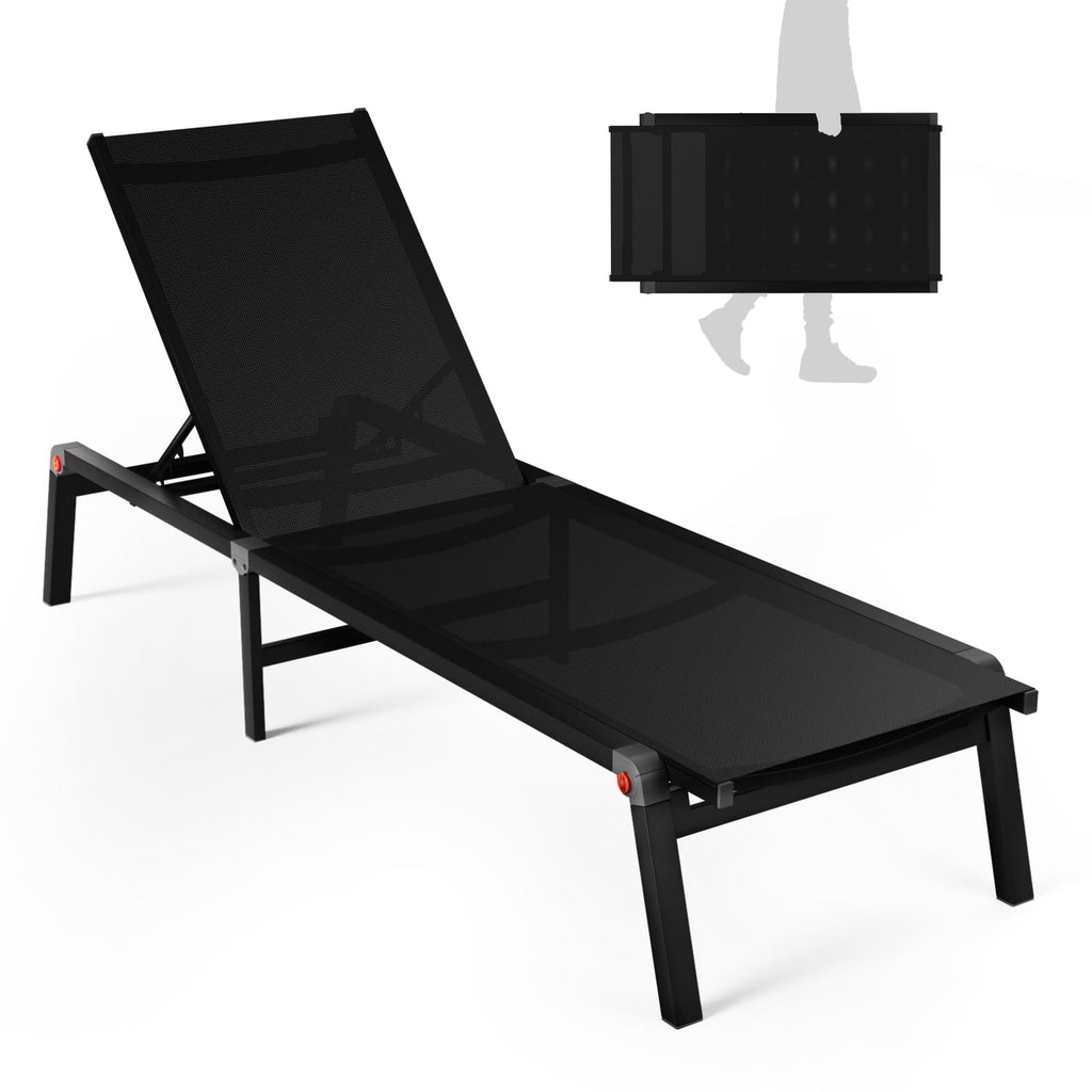 Aluminum Chaise Foldable Patio Lounge Chair Outdoor, Metal Deck Lounger Adjustable 5-Position Recliner Pool Chase Breathable Full Flat Outside Sun Tanning Chairs for Beach/Poolside/Lawn(Grey, 1 Pack)