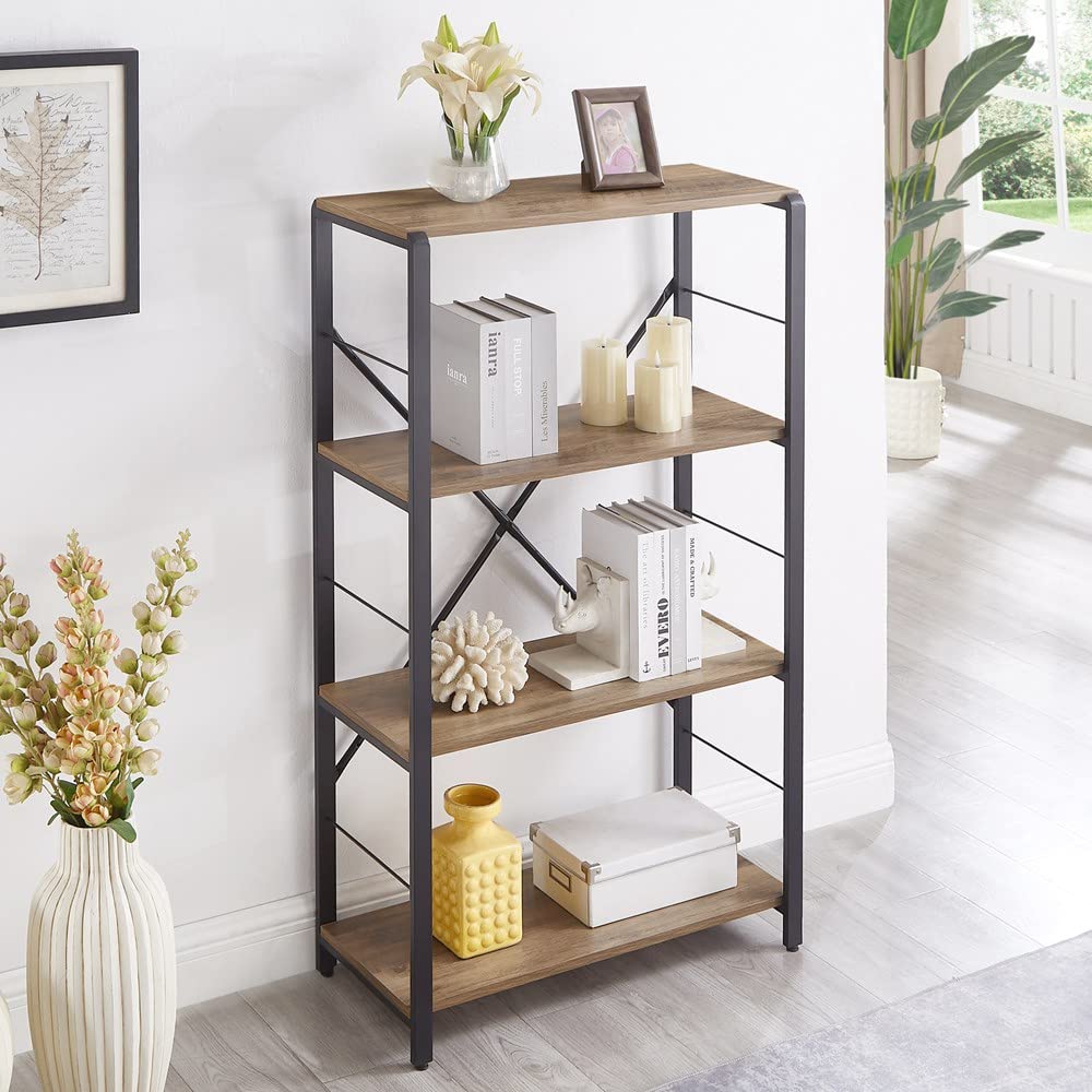 FOLUBAN 5 Tier Tall Bookshelf, Industrial Bookshelves and Bookcases, Modern Rustic Wood and Metal Book Shelf for Bedroom, Living Room and Home Office, Oak