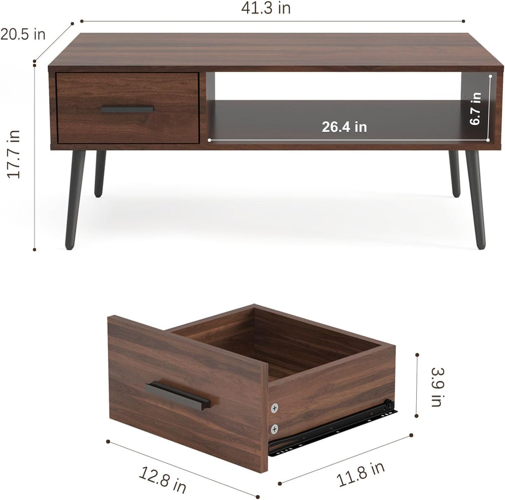 HAIOOU Coffee Table, Mid Century Modern Center Table for Living Room with Storage, Walnut Tea Table with Drawer, Open Storage Shelf, Floor-Anti-Scratching Pine Leg for Home, Office(Dark Brown) | Center Table, Living Room, Storage, Tea Table, Drawer, Open
