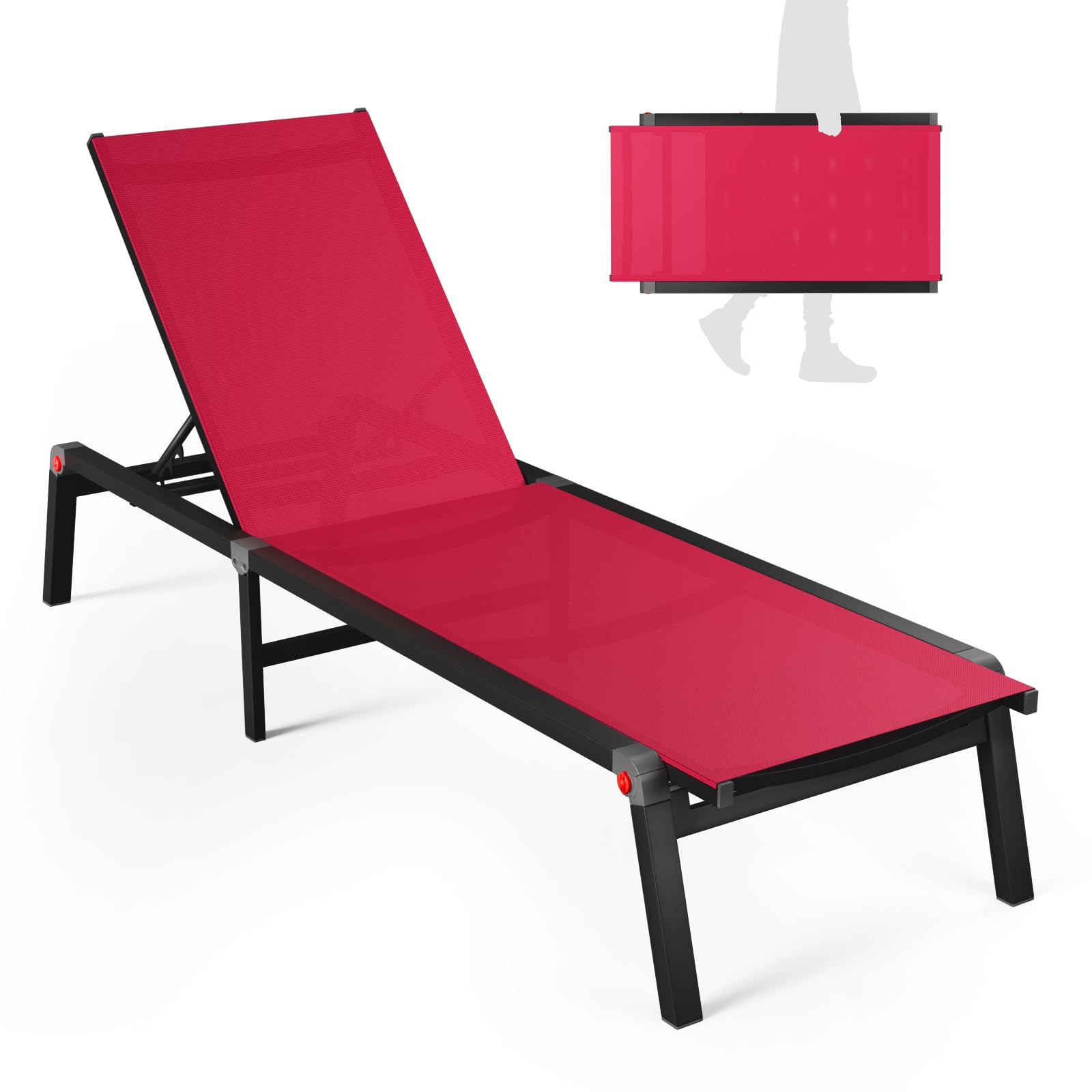 Aluminum Chaise Foldable Patio Lounge Chair Outdoor, Metal Deck Lounger Adjustable 5-Position Recliner Pool Chase Breathable Full Flat Outside Sun Tanning Chairs for Beach/Poolside/Lawn(Grey, 1 Pack)