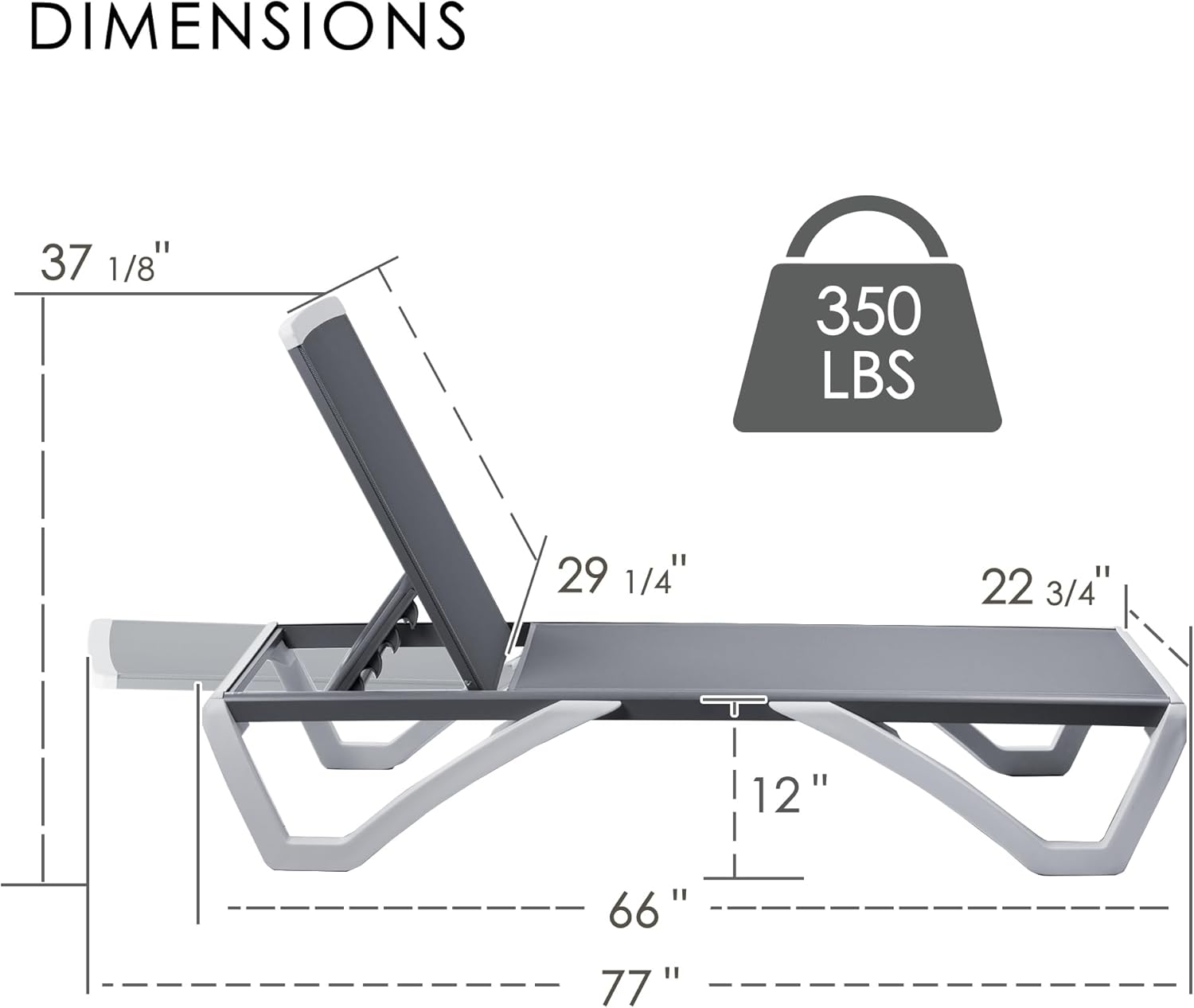 Kozyard Outdoor Chaise Lounge Chair, Full Flat Adjustable Patio Lounger with Aluminum Frame & Resin Legs, Textilene Fabric for Poolside, Backyard & Beach (Gray Without Table)