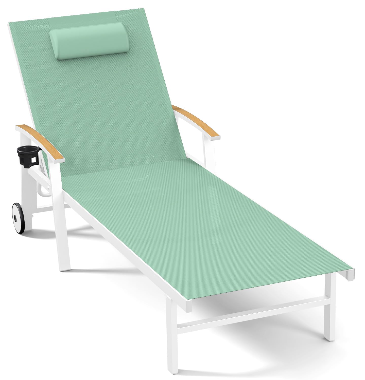 Ciokea Outdoor Lounge Chair with Pillow, 5-Position Aluminum Chaise Lounge with Wheels & Armrests, 400 lbs Heavy Duty Patio Pool Chair for Deck, Backyard, Beach & Poolside, Grey