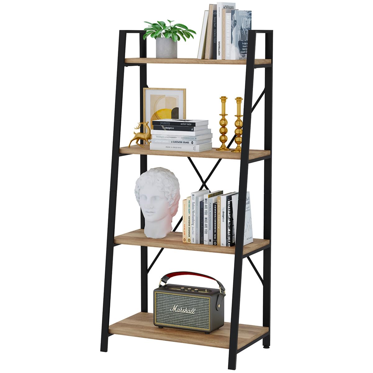 BON AUGURE Ladder Shelf Bookcase, 5-Tier Industrial Ladder Bookshelf, Tall Living Room Shelves, Wood and Metal Leaning Shelf for Home Office, Kitchen, Bedroom, Balcony (Rustic Oak)