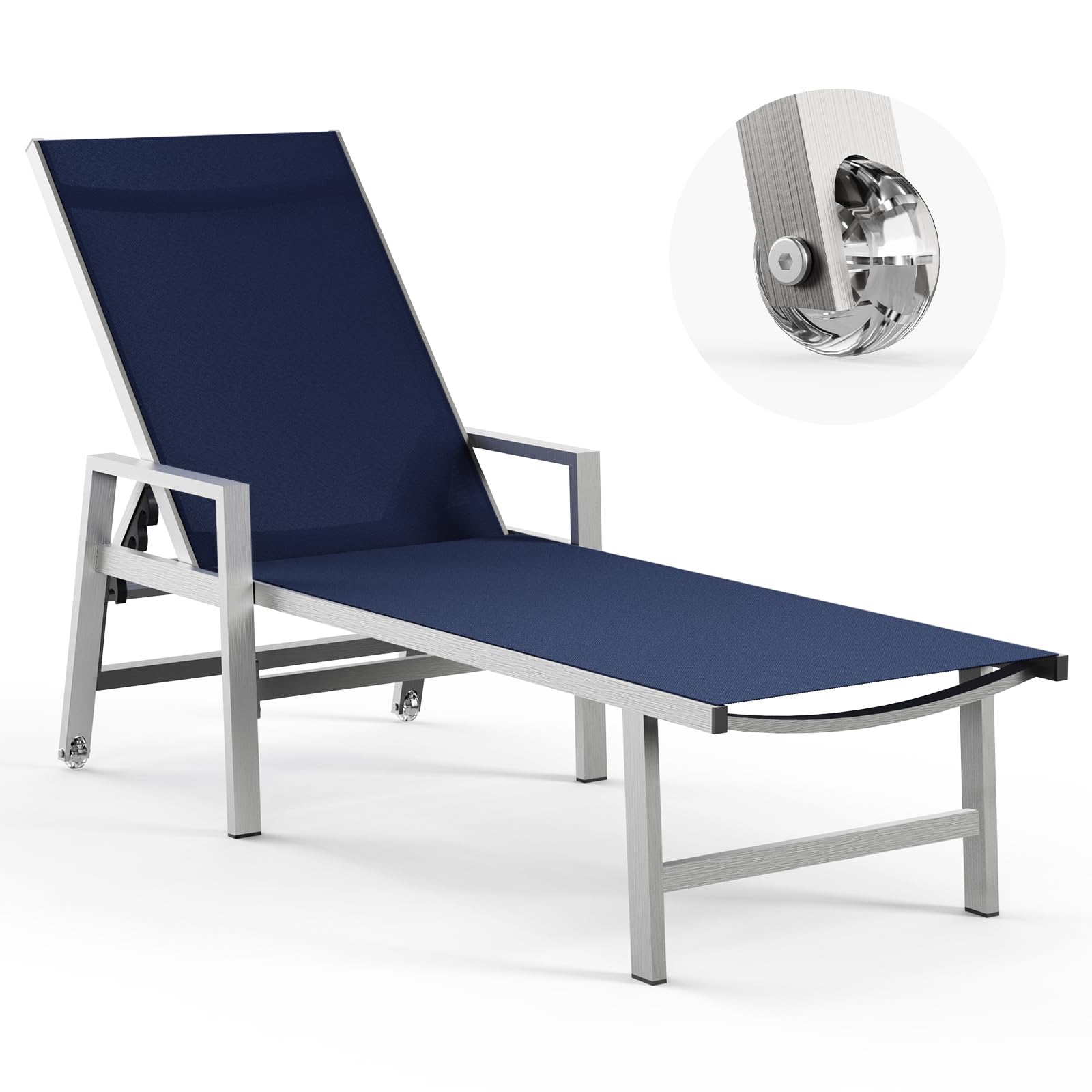 Vexwalx Patio Chaise Lounge Outdoor with Wheels&Armrests, Aluminum Pool Lounge Chairs 5-Position Adjustable Recliner, Sun Beach Lounge Chairs for Poolside, Patio, Deck, Yard, White