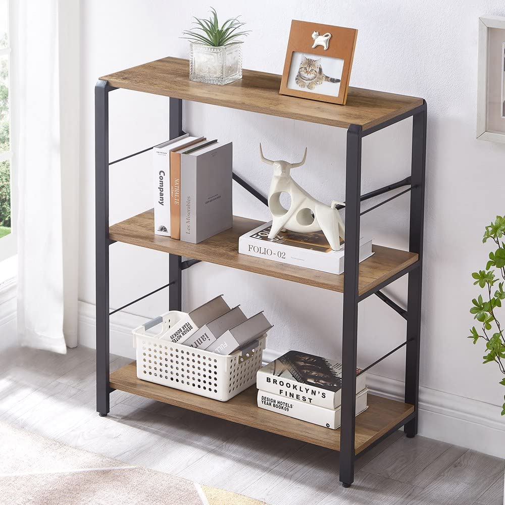 FOLUBAN 5 Tier Tall Bookshelf, Industrial Bookshelves and Bookcases, Modern Rustic Wood and Metal Book Shelf for Bedroom, Living Room and Home Office, Oak