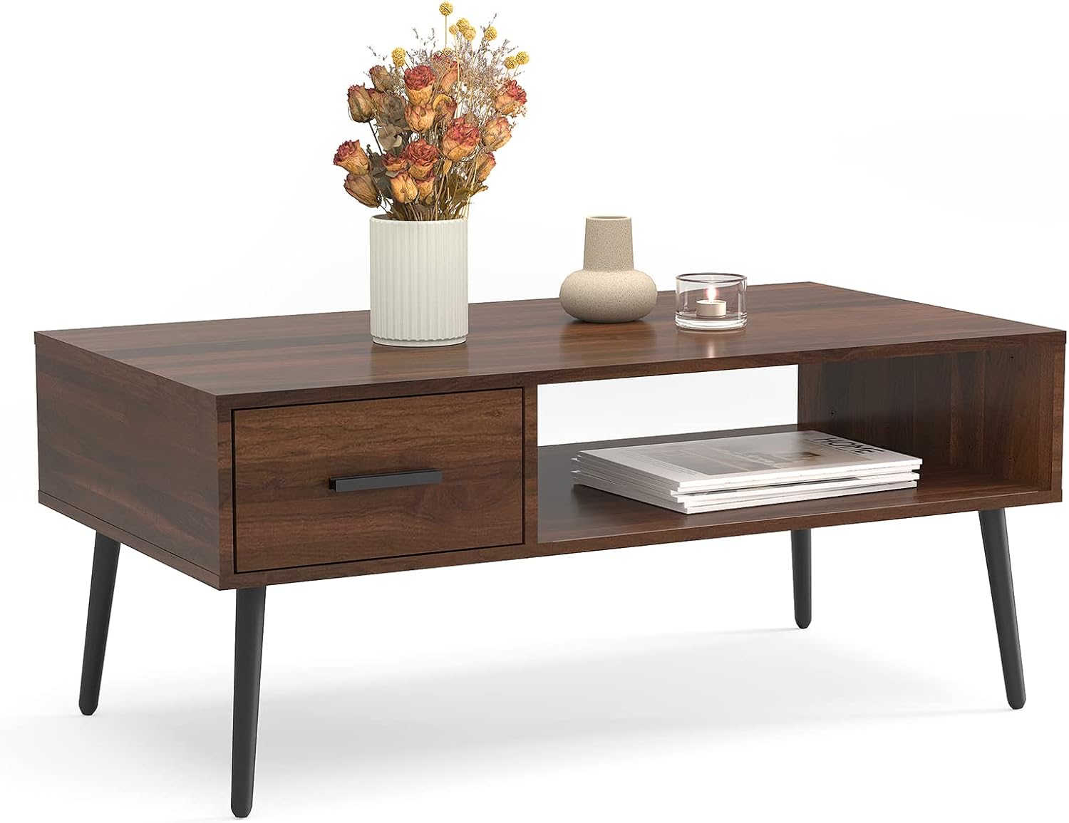 HAIOOU Coffee Table, Mid Century Modern Center Table for Living Room with Storage, Walnut Tea Table with Drawer, Open Storage Shelf, Floor-Anti-Scratching Pine Leg for Home, Office(Dark Brown) | Center Table, Living Room, Storage, Tea Table, Drawer, Open