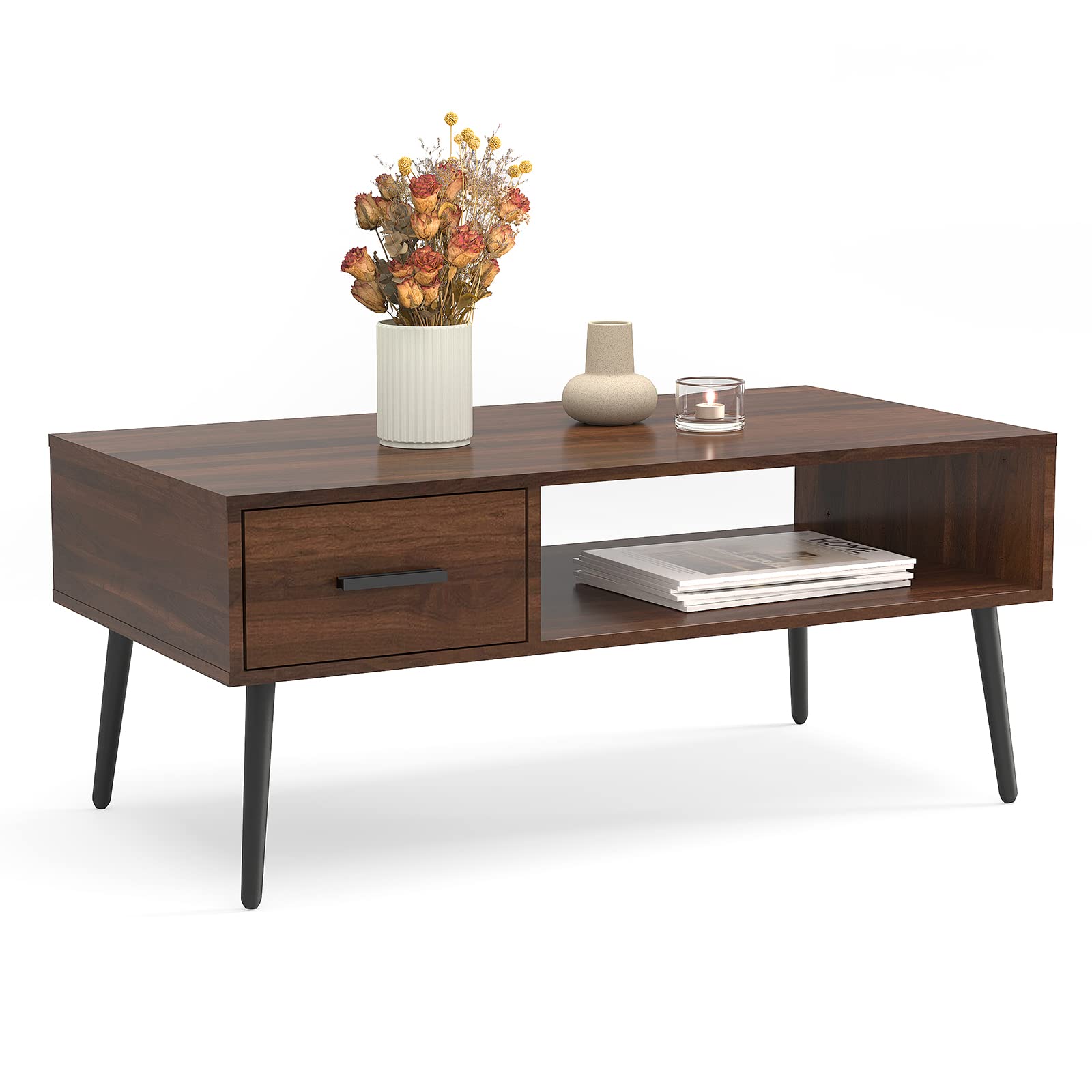 HAIOOU Coffee Table, Mid Century Modern Center Table for Living Room with Storage, Walnut Tea Table with Drawer, Open Storage Shelf, Floor-Anti-Scratching Pine Leg for Home, Office(Dark Brown) | Center Table, Living Room, Storage, Tea Table, Drawer, Open