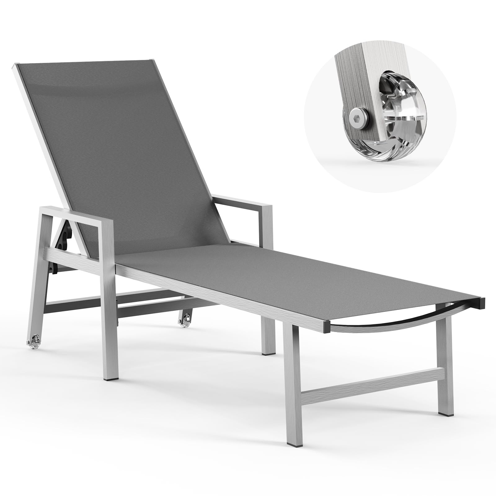 Vexwalx Patio Chaise Lounge Outdoor with Wheels&Armrests, Aluminum Pool Lounge Chairs 5-Position Adjustable Recliner, Sun Beach Lounge Chairs for Poolside, Patio, Deck, Yard, White