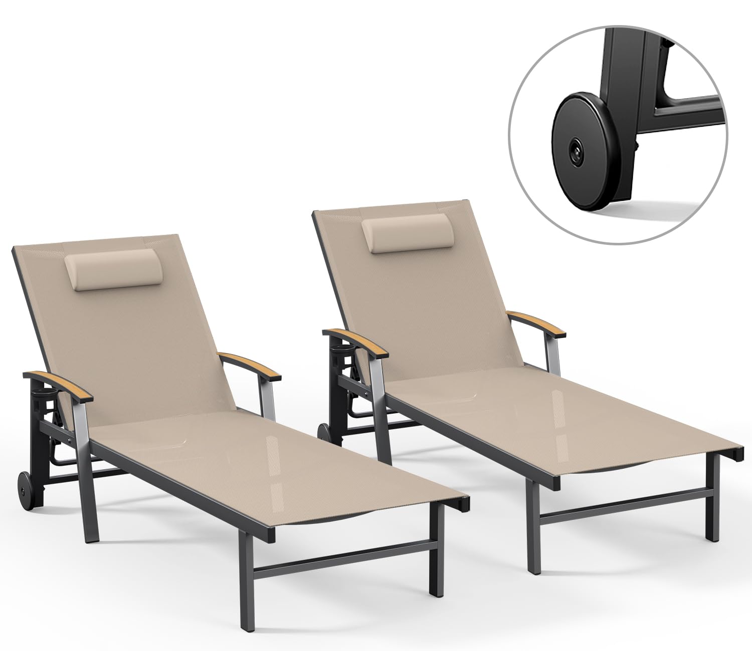 Ciokea Outdoor Lounge Chair with Pillow, 5-Position Aluminum Chaise Lounge with Wheels & Armrests, 400 lbs Heavy Duty Patio Pool Chair for Deck, Backyard, Beach & Poolside, Grey