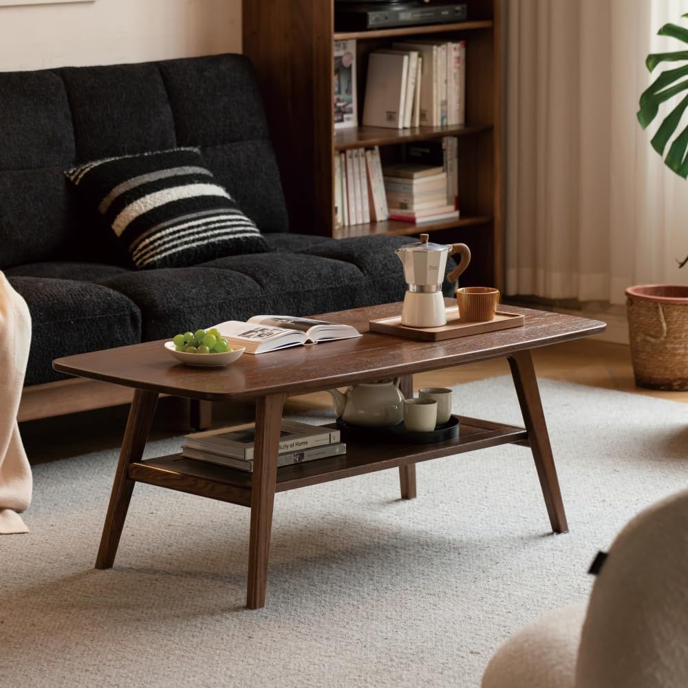 100% Solid Wood Coffee Table for Living Room, 39.37" Mid Century Modern Tables with Shelf Storage, 2-Tier Coffee Table with Rounded Corners (Oak Wood Walnut Color, 39.37" L)