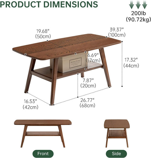 100% Solid Wood Coffee Table for Living Room, 39.37" Mid Century Modern Tables with Shelf Storage, 2-Tier Coffee Table with Rounded Corners (Oak Wood Walnut Color, 39.37" L)