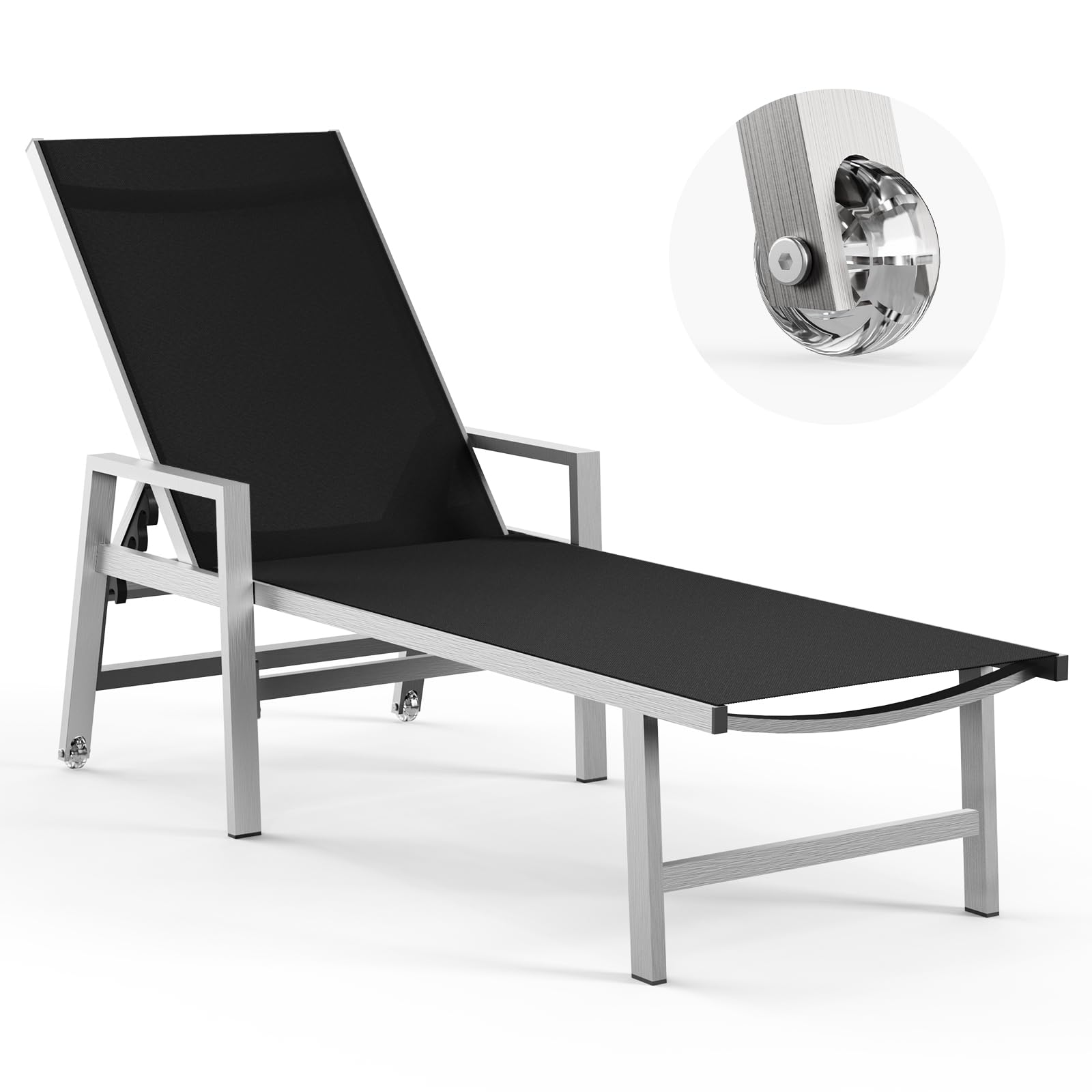 Vexwalx Patio Chaise Lounge Outdoor with Wheels&Armrests, Aluminum Pool Lounge Chairs 5-Position Adjustable Recliner, Sun Beach Lounge Chairs for Poolside, Patio, Deck, Yard, White