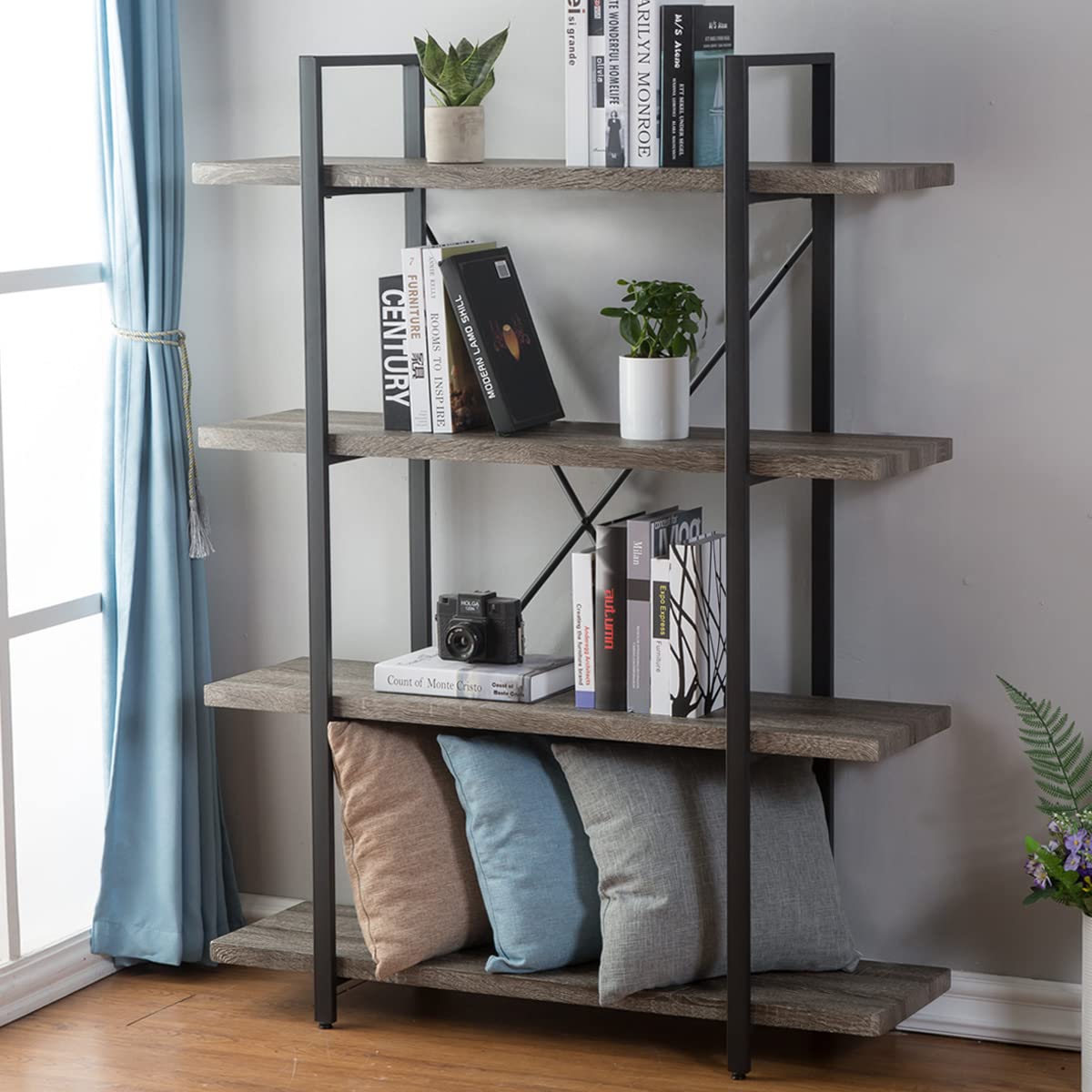 HSH 5-Shelf Vintage Industrial Rustic Bookshelf, 5 Tier Wood and Metal Bookcase, Open Etagere Book Shelf, Farmhouse Wooden Bookshelves, Light Grey Oak