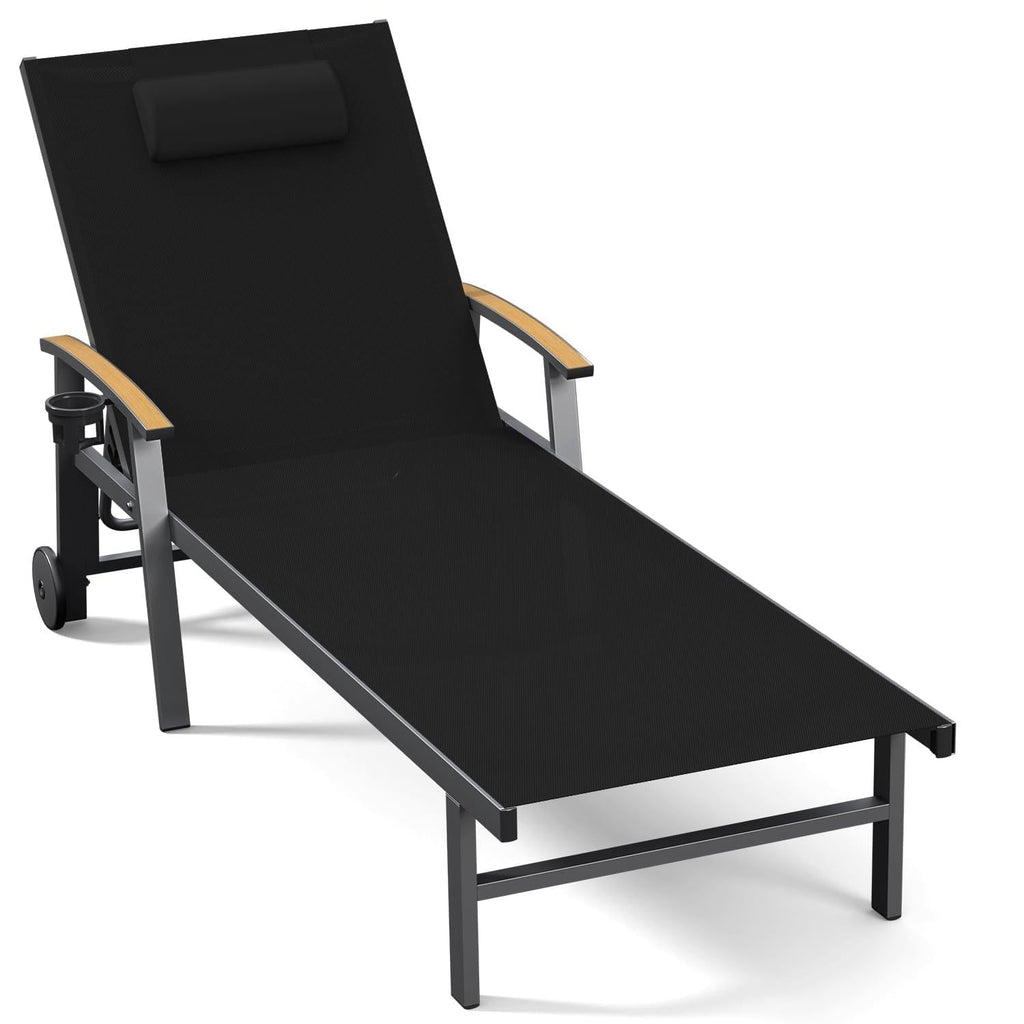 Ciokea Outdoor Lounge Chair with Pillow, 5-Position Aluminum Chaise Lounge with Wheels & Armrests, 400 lbs Heavy Duty Patio Pool Chair for Deck, Backyard, Beach & Poolside, Grey