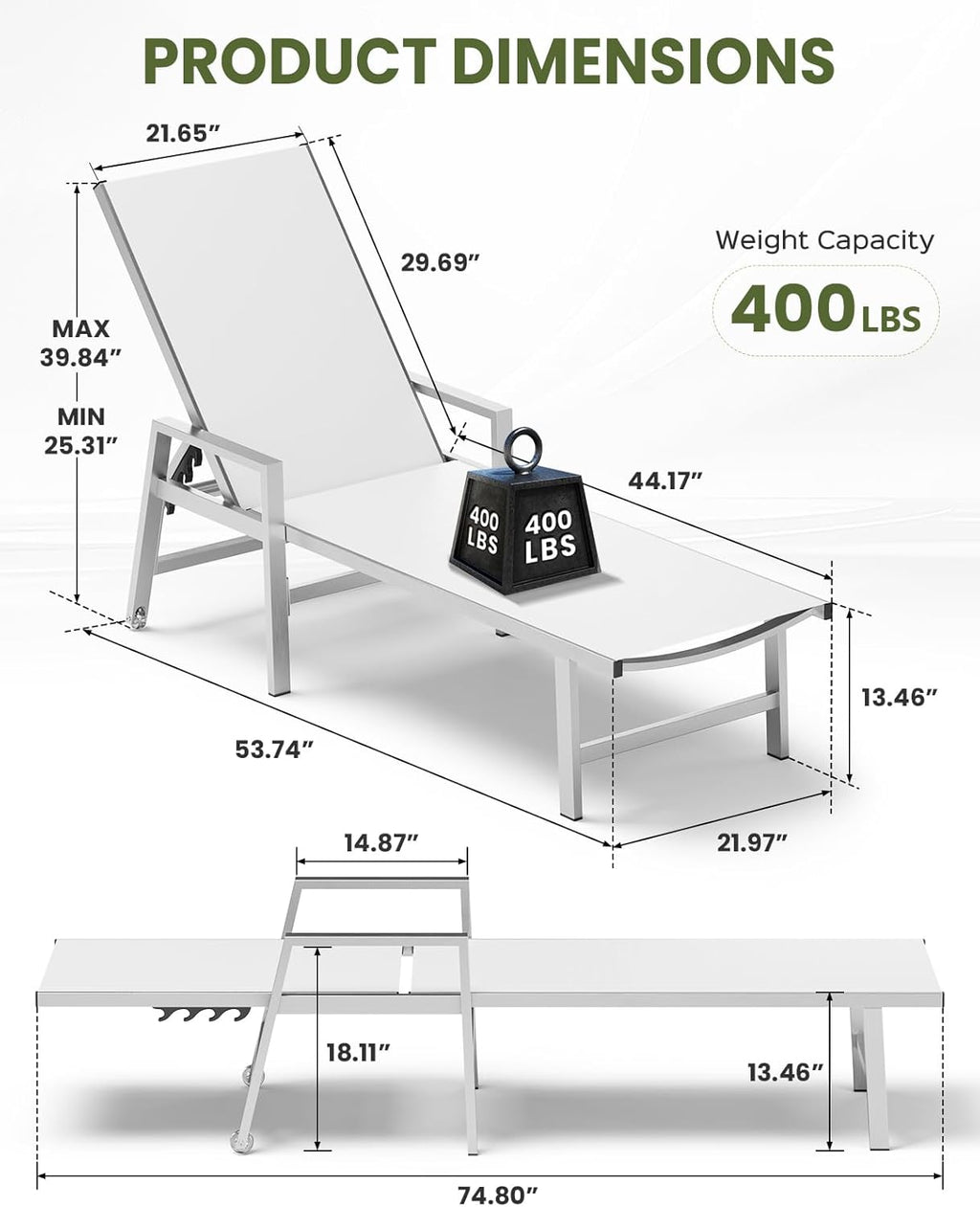 Vexwalx Patio Chaise Lounge Outdoor with Wheels&Armrests, Aluminum Pool Lounge Chairs 5-Position Adjustable Recliner, Sun Beach Lounge Chairs for Poolside, Patio, Deck, Yard, White