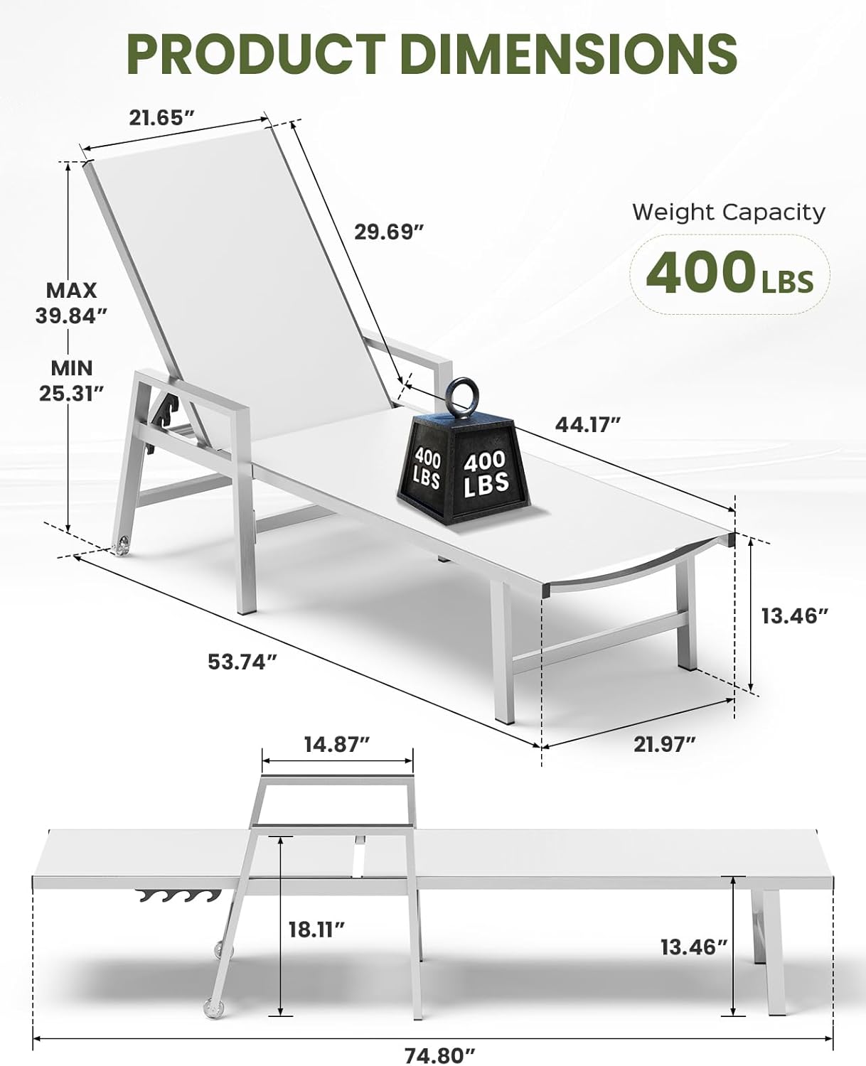 Vexwalx Patio Chaise Lounge Outdoor with Wheels&Armrests, Aluminum Pool Lounge Chairs 5-Position Adjustable Recliner, Sun Beach Lounge Chairs for Poolside, Patio, Deck, Yard, White