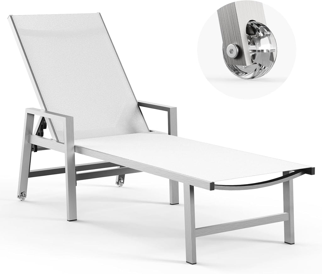 Vexwalx Patio Chaise Lounge Outdoor with Wheels&Armrests, Aluminum Pool Lounge Chairs 5-Position Adjustable Recliner, Sun Beach Lounge Chairs for Poolside, Patio, Deck, Yard, White